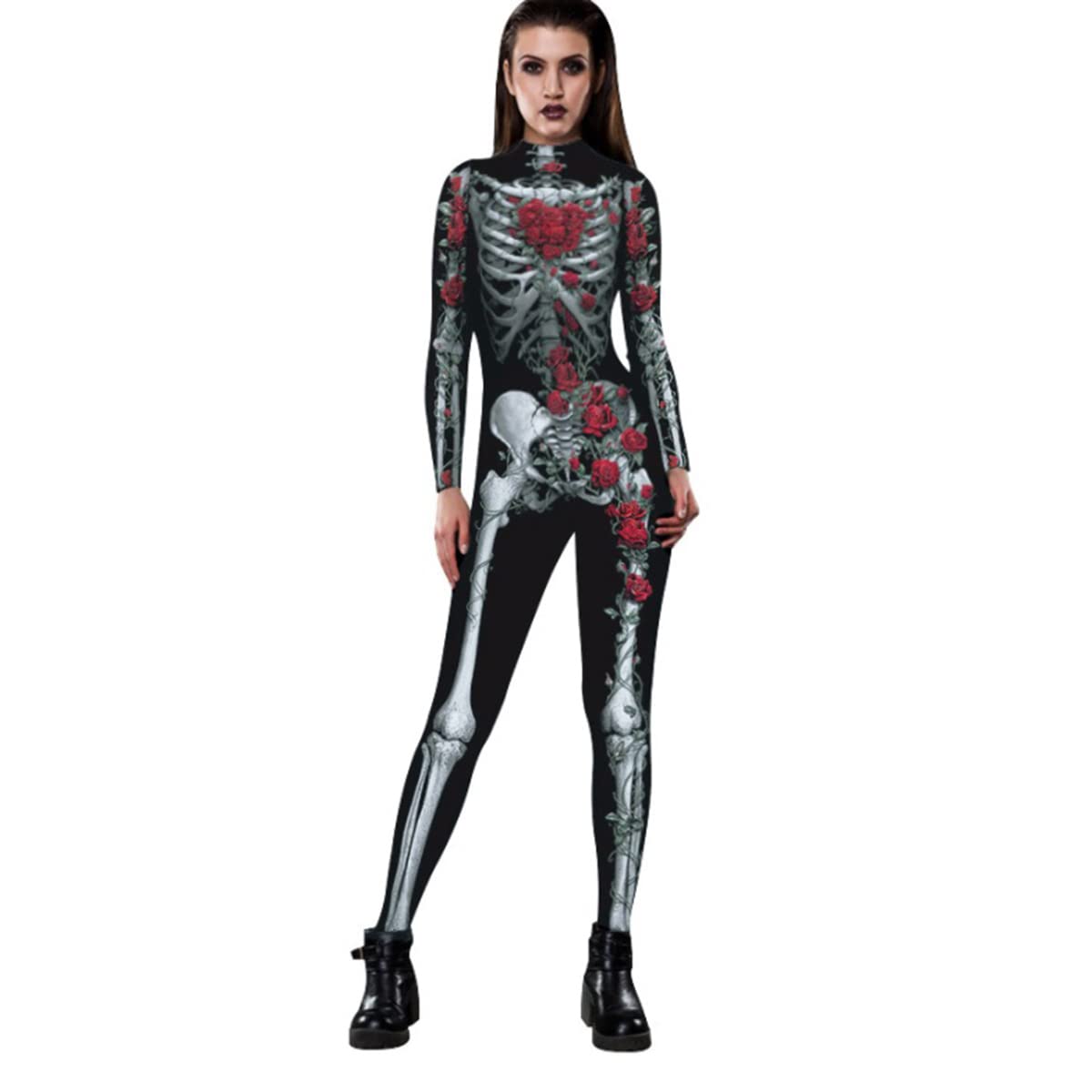 3D Printed Skull Costume for Women - Long Sleeve Halloween Jumpsuit Set | Gothic Party Outfit, Cosplay, Themed Events & Spooky Celebrations