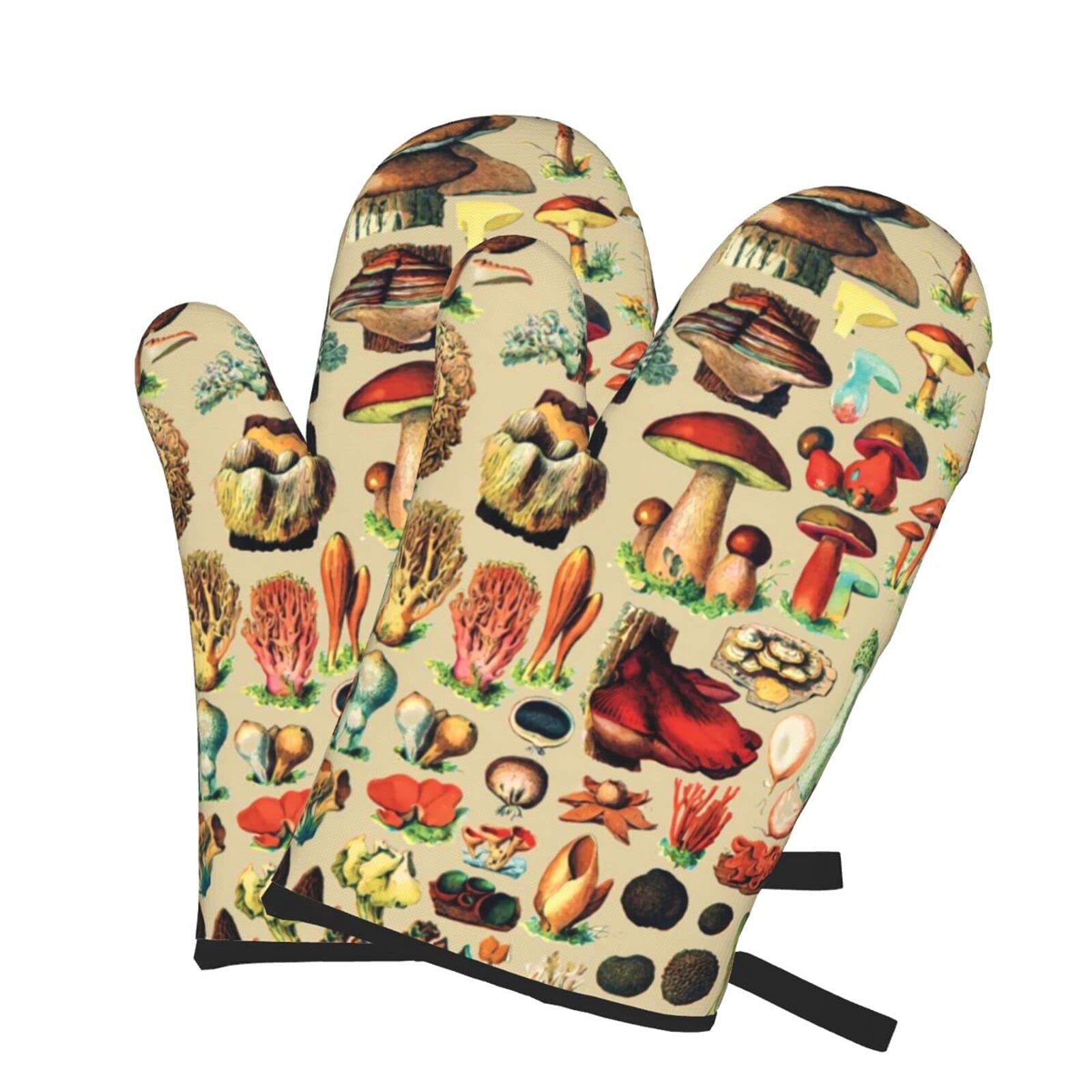 Vintage Mushroom Art Print Oven Mitts - Heat Resistant, Non-Slip & Waterproof Kitchen Gloves with Soft Cotton Lining (2 Pack) - Perfect for Cooking, Baking, BBQ and Home Decor