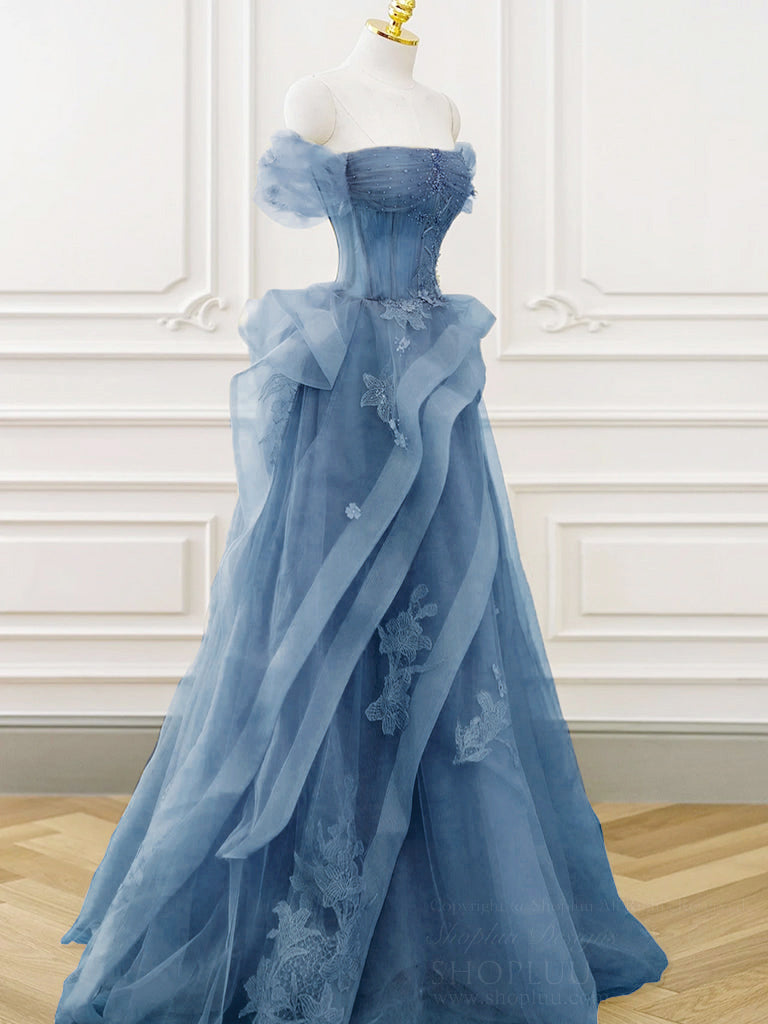 Elegant A-Line Off Shoulder Tulle Lace Long Prom Dress in Gray-Blue | Formal Evening Gown for Homecoming, Wedding, Quinceañera & Special Occasions