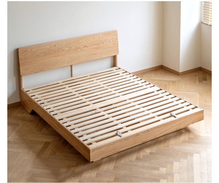 Solid Oak & Black Walnut Wood Floating Platform Bed with LED Lighting - Modern Bedroom Furniture for Contemporary Home Decor