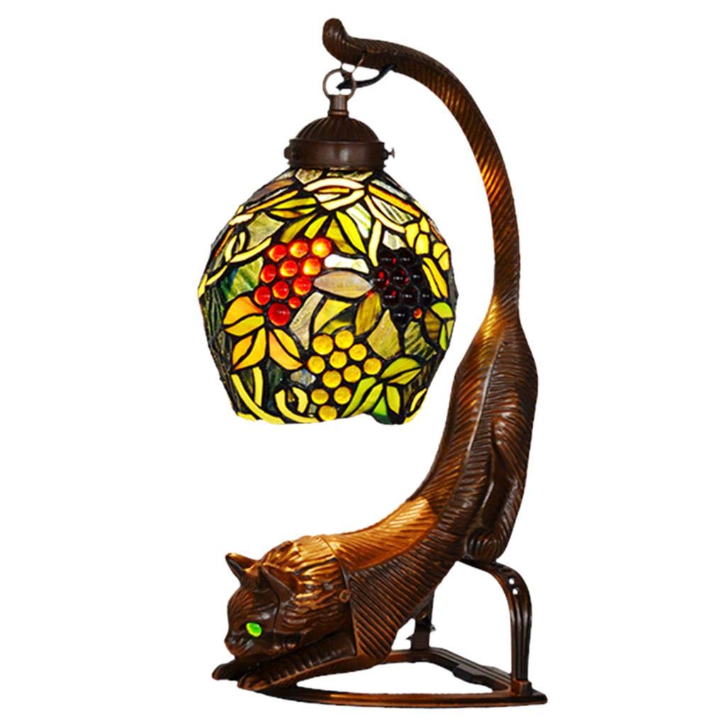 Vintage Grape Table Lamp with Metal Cat Base - Handmade Stained Glass Night Light for Bedroom, Living Room (26x40cm) | Romantic Home Decor, Gift Idea for Wine Lovers & Cat Enthusiasts