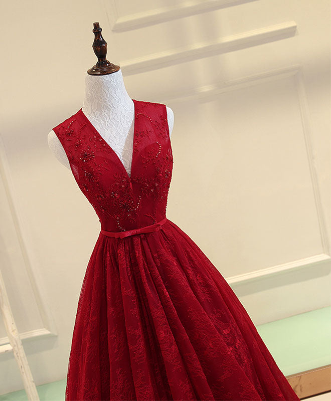 Elegant Burgundy V-Neck Lace Long Prom Dress for Women - Formal Evening Gown for Homecoming, Wedding, and Special Occasions