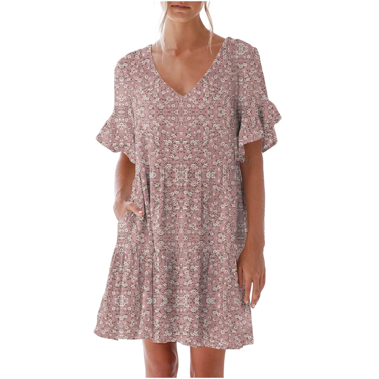 Women's Summer Casual Dress - Sweet Cute V-Neck Mini Dress with Pockets, Short Sleeve, Flowy Beach Dress for Vacation, Date Night & Outdoor Activities