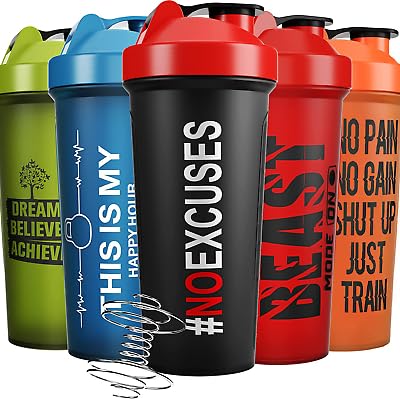 5-Pack Protein Shaker Bottles for Smoothies & Workouts - BPA-Free, Dishwasher Safe, Leak-Proof Fitness Shaker Cups with Motivational Quotes - Perfect for Gym, Post-Workout & Meal Replacement Shakes (VividVibe Collection)