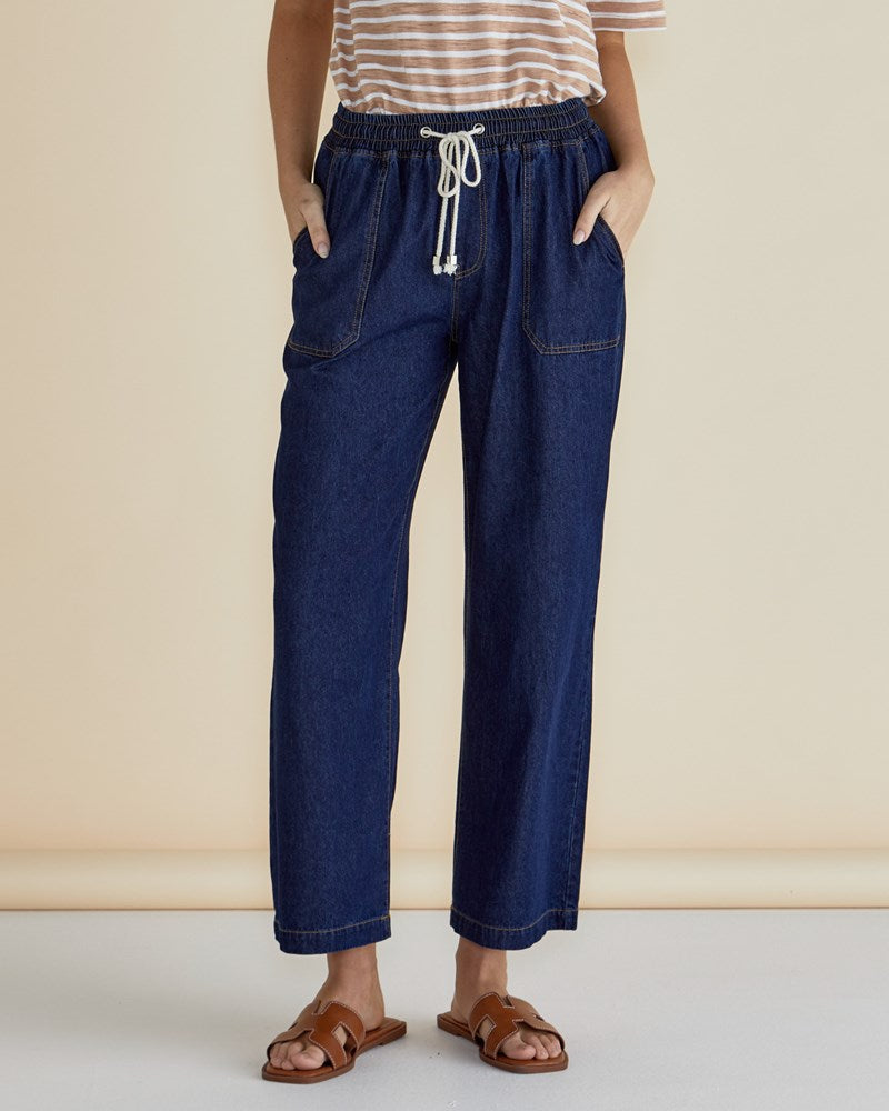 Betty Basics Women's Drapey Denim Jogger Pants - Soft Stretch Comfort Fit, Sapphire Blue | Casual Lounge, Running Errands, Weekend Outfits