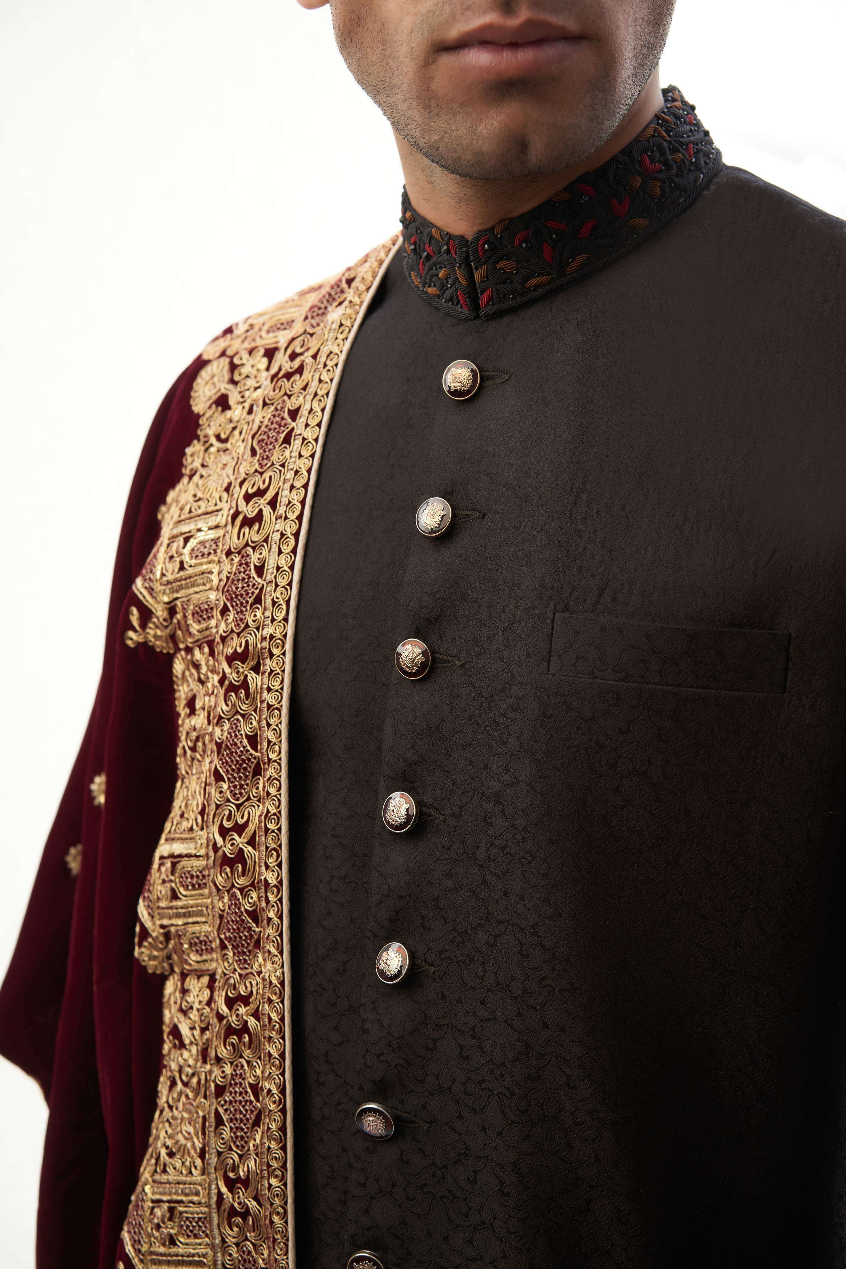 Elegant Jet Black Brocade Silk Sherwani for Men | Traditional Indian Wedding Attire | Perfect for Grooms, Festivals & Special Occasions