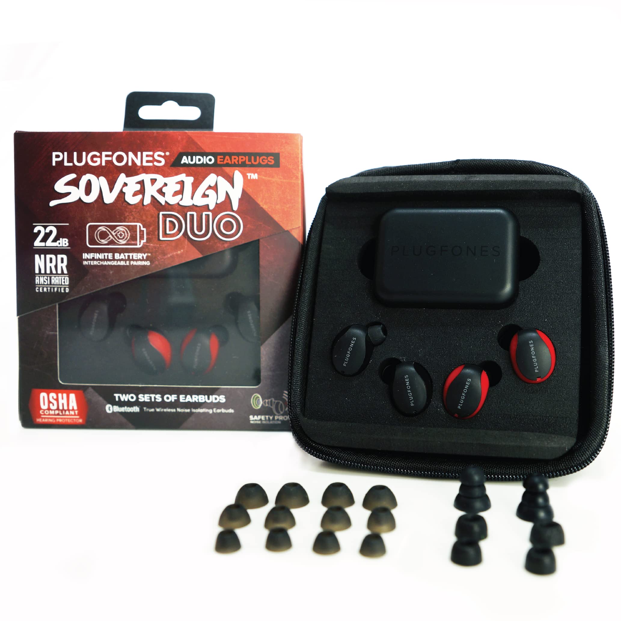 Plugfones Sovereign Duo True Wireless Bluetooth Earplug Headphones - 26dB Noise Reduction, OSHA Compliant Hearing Protection Earbuds with Sound Focused Mic for Construction, Shooting, Lawn Mowing & Industrial Work