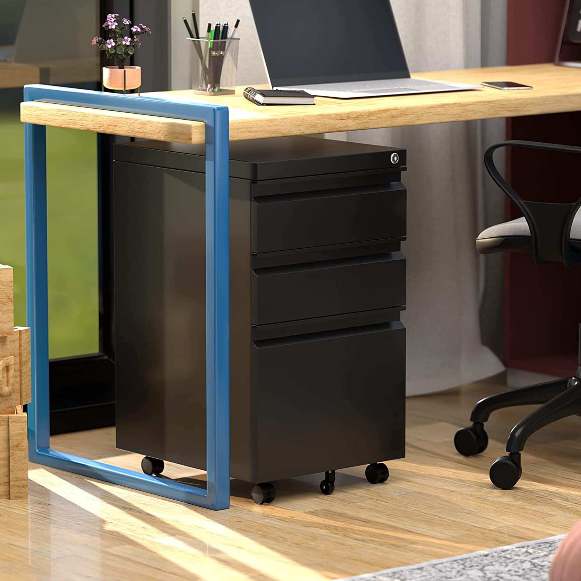 Aobabo 3-Drawer Lockable Metal File Cabinet with Wheels - Letter/Legal Size Home Office Storage - Black (Pre-Assembled) | Perfect for Organizing Documents in Small Businesses, Home Offices & Workspaces