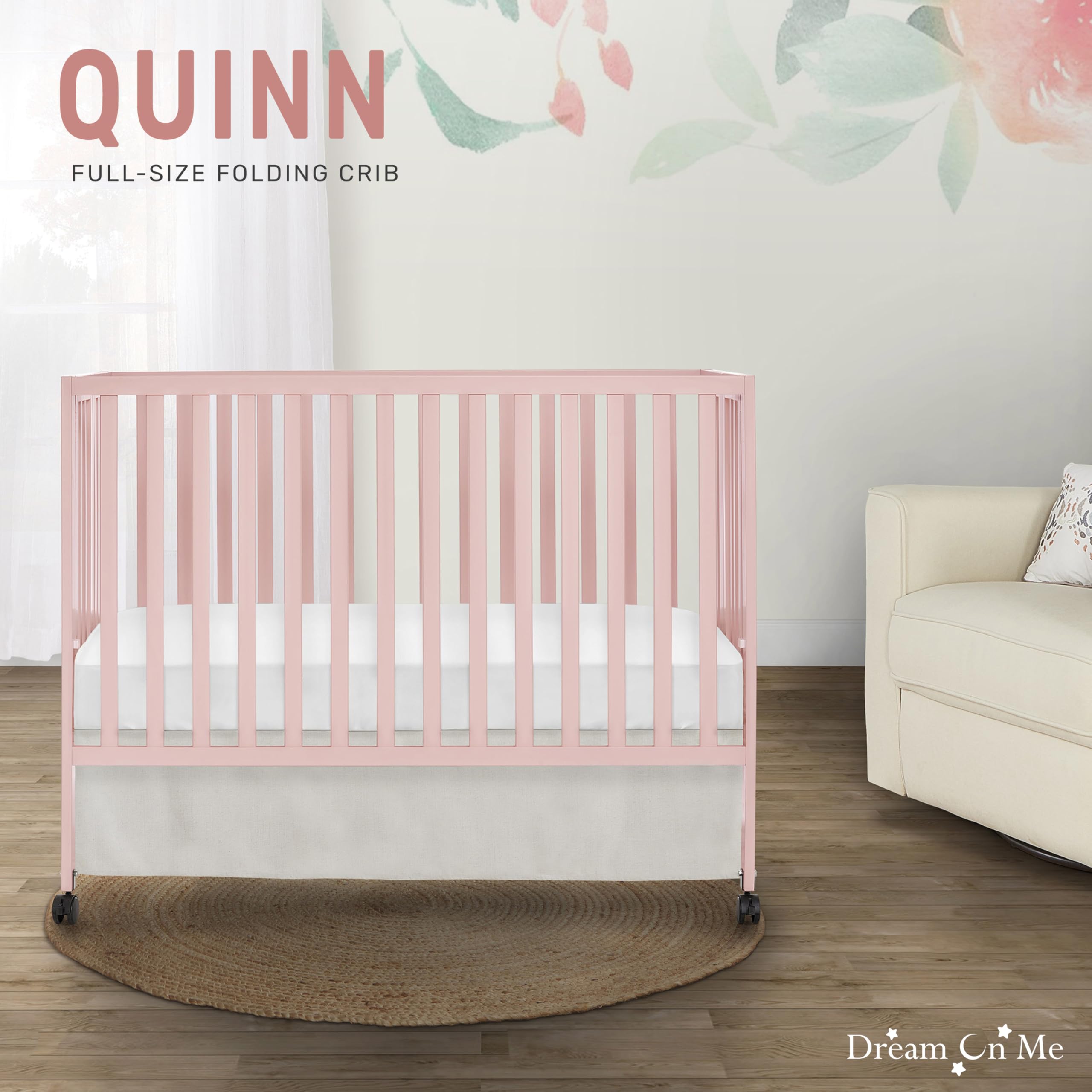Dream On Me Quinn Full-Size Folding Crib - Blush Pink Baby Crib with Removable Wheels, Adjustable Mattress Support & Patented Foldable Design | Modern Nursery Furniture for Home, Travel & Daycare Use