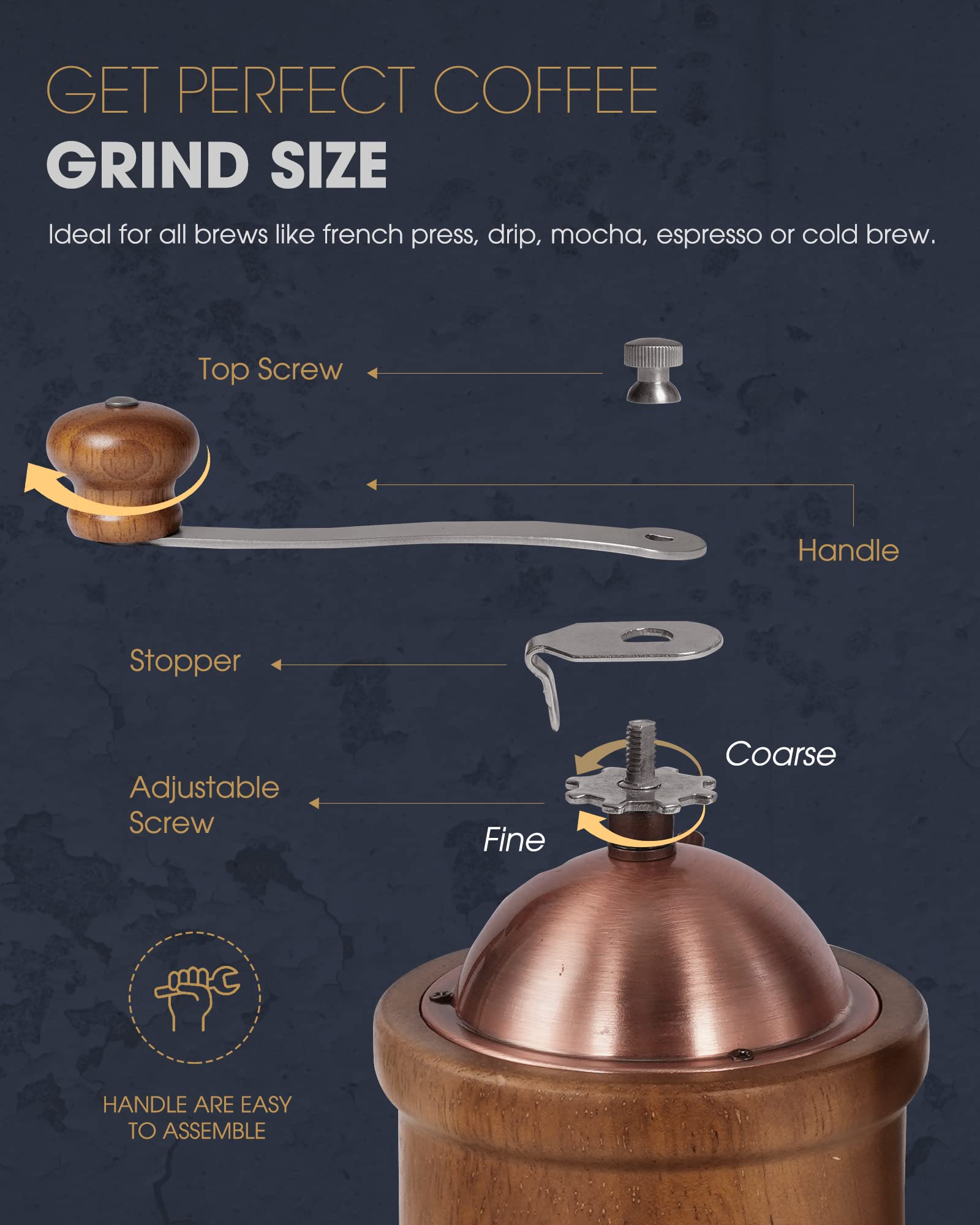 Premium Manual Coffee Grinder - Adjustable Ceramic Burr, Vintage Wooden Hand Mill for Fresh Ground Coffee - Large Capacity with Brush & Spoon - Perfect for Home, Camping & Travel (JX2022-CG20)