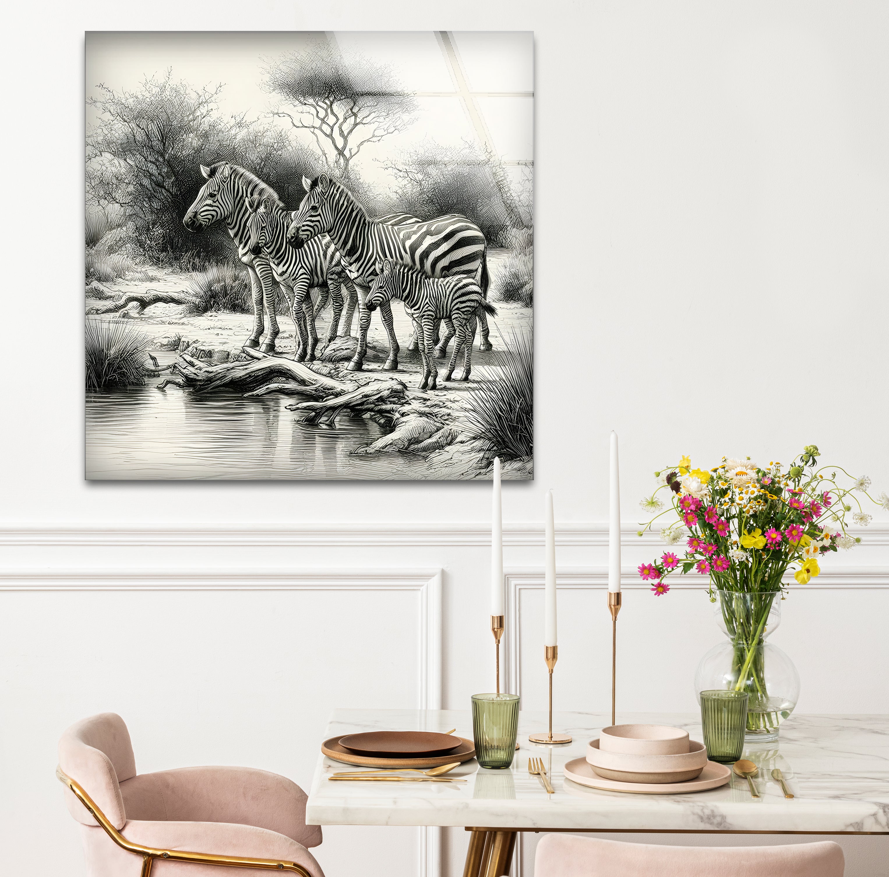 Black and White Zebra Family Glass Wall Art - Modern Home Decor for Living Room, Bedroom & Office - Unique Animal Print Wall Art for Safari & Wildlife Theme Decor