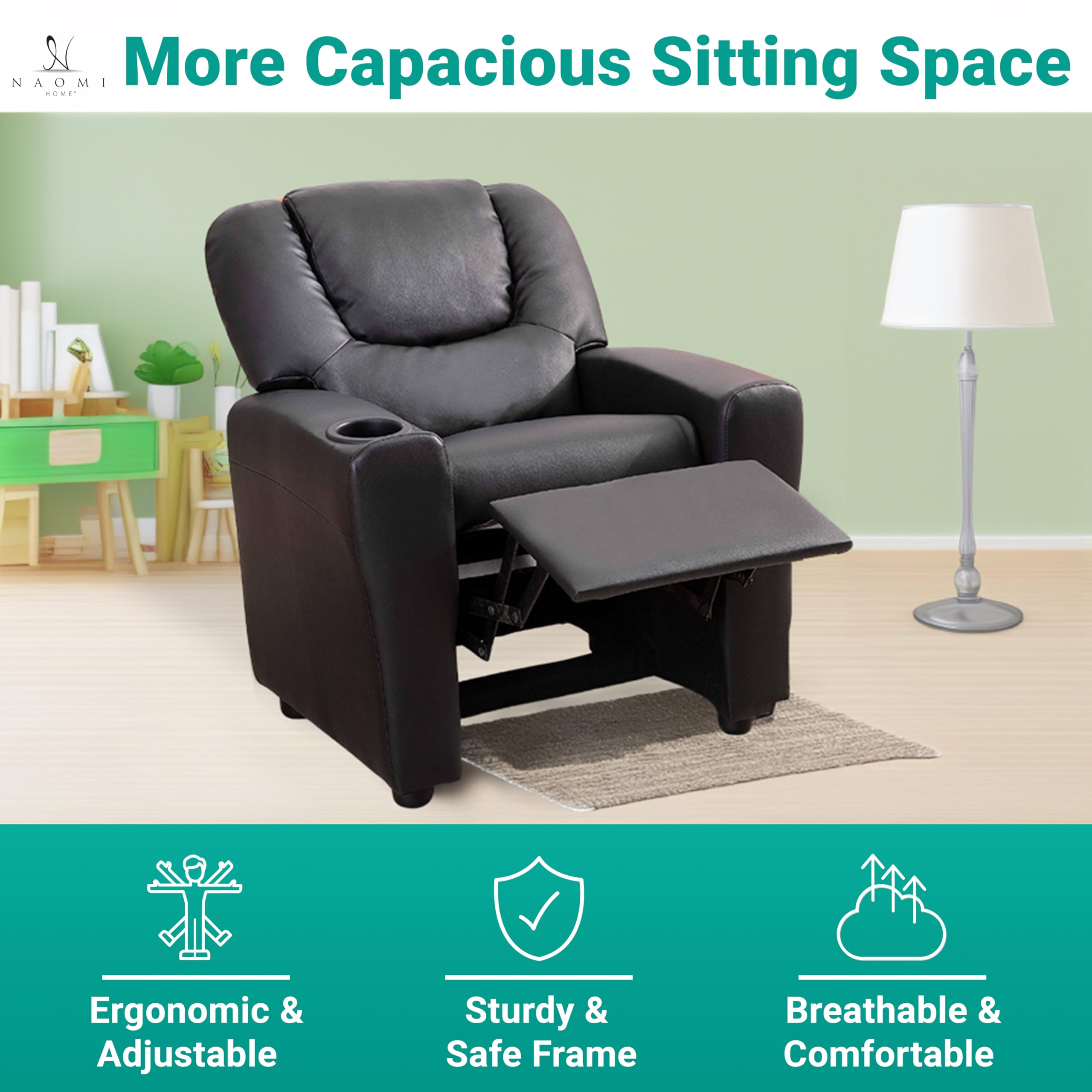 Naomi Home Suri Push Back Kids Recliner Chair with Footrest & Cup Holders - Toddler Recliner for Boys & Girls Age 3+ - PVC Upholstery - Perfect for Playroom, Bedroom or Family Room Relaxation