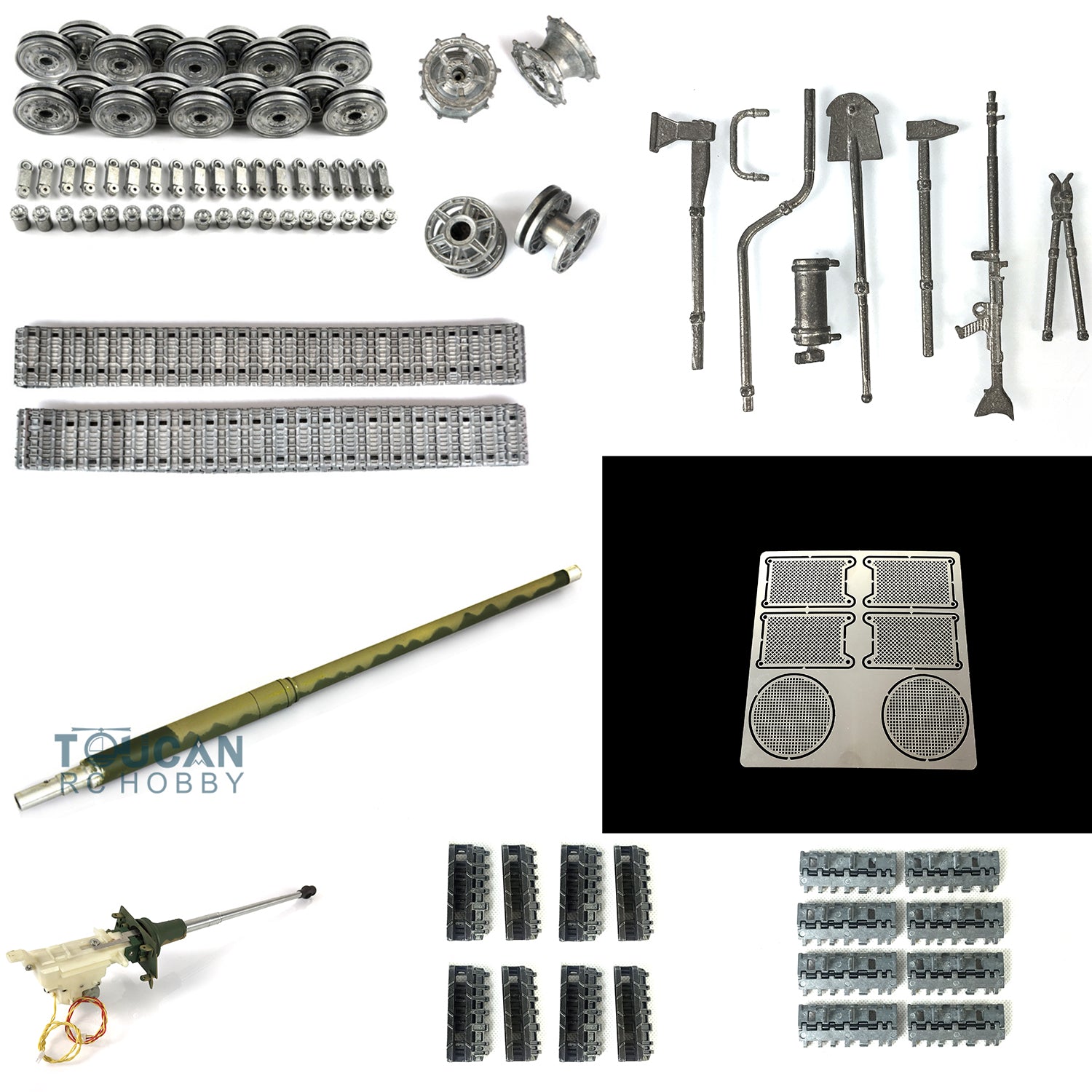 1/16 Scale Henglong 3888A German King Tiger RC Tank Metal Parts Set - Idlers, Sprockets, Road Wheels, Tracks & Recoil Barrel Unit | Durable Upgrade Components for RC Tank Enthusiasts | Perfect for DIY Repairs, Model Customization & Battle Simulation