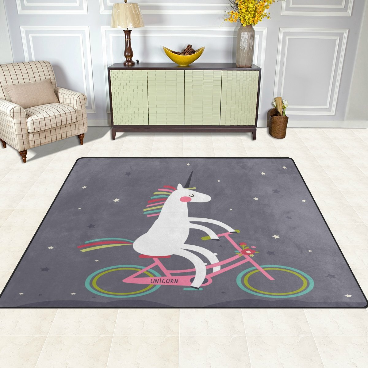 ALAZA Retro Unicorn Riding Bicycle Star Area Rug - 5'3