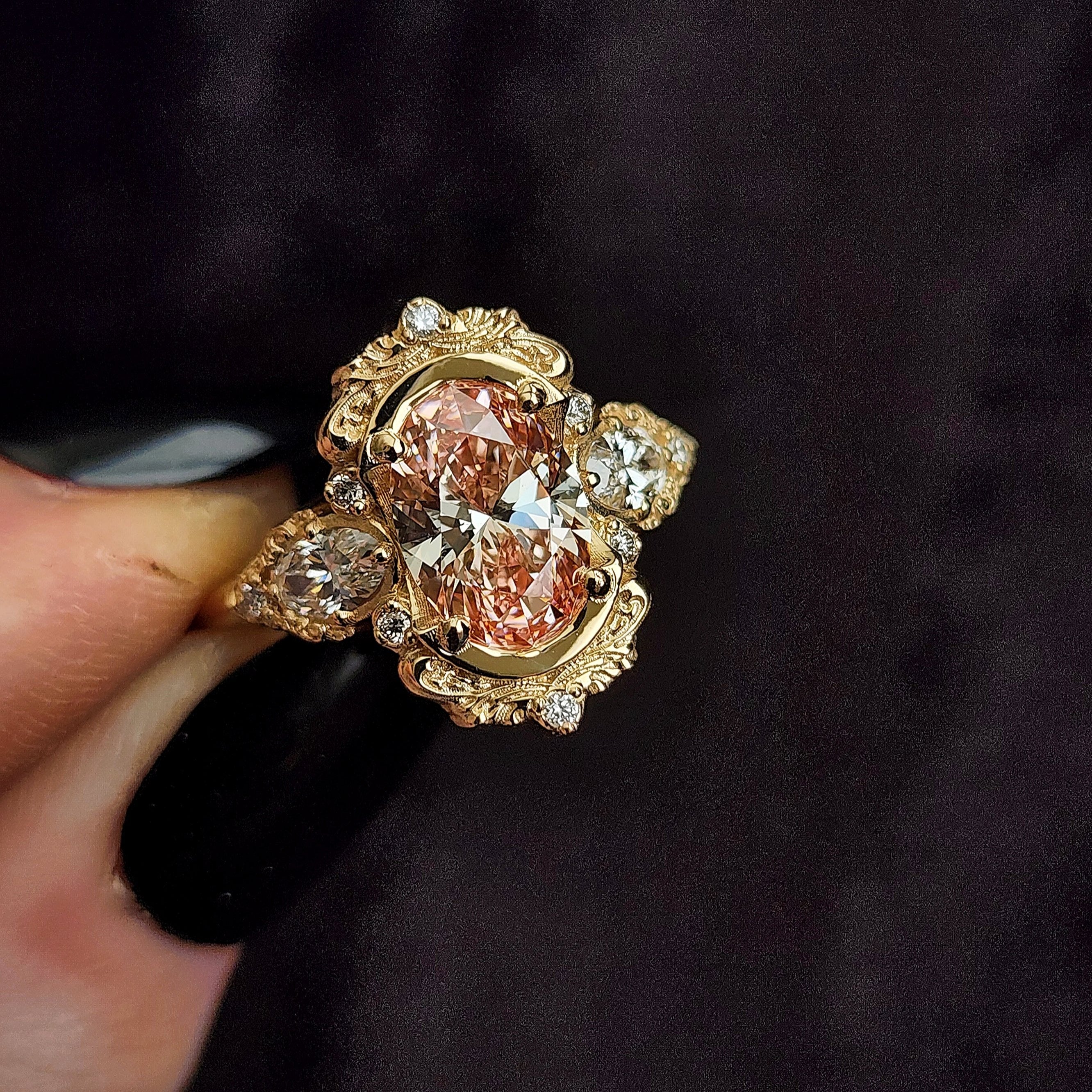 Ready to Ship Size 6-8 Fancy Pink Diamond Josephine Engagement Ring with Oval Side Stones & Berry Sapphire Diamond Wedding Band in 14K Yellow Gold – Perfect for Proposals, Anniversaries & Bridal Jewelry Sets