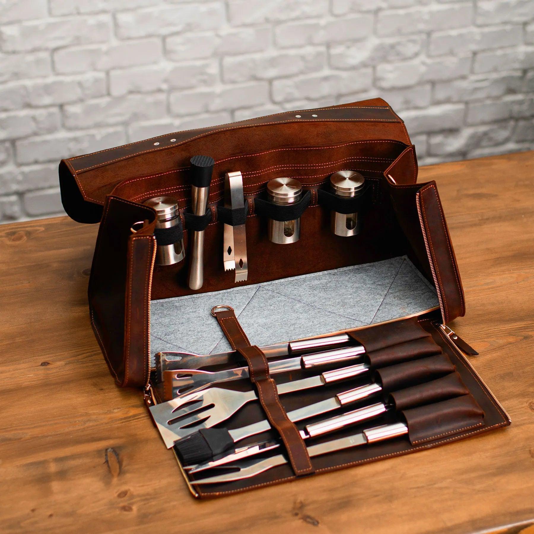 Premium Leather BBQ Tool Bag - Durable & Heat-Resistant for Grilling Accessories | Perfect for Outdoor Cooking, Backyard BBQs, and Camping Trips