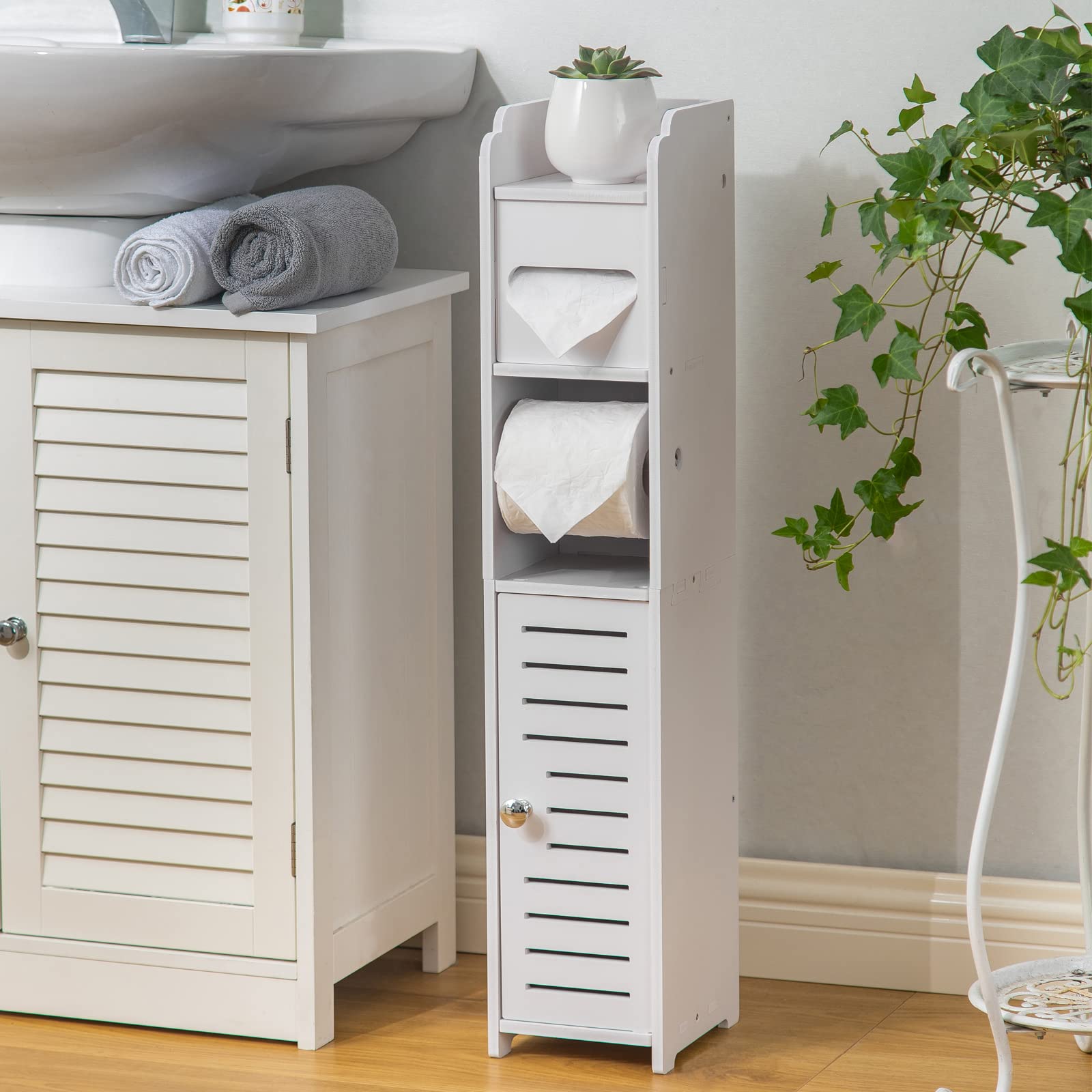 AOJEZOR White Toilet Paper Holder Stand - Space-Saving Bathroom Storage for Small Spaces
