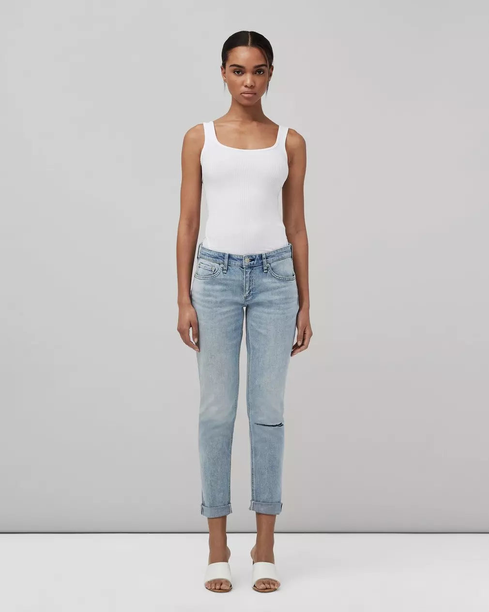 Dre Low Rise Boyfriend Jeans for Women - White Haven Distressed Denim | Casual Comfort Fit for Everyday Wear & Weekend Outings