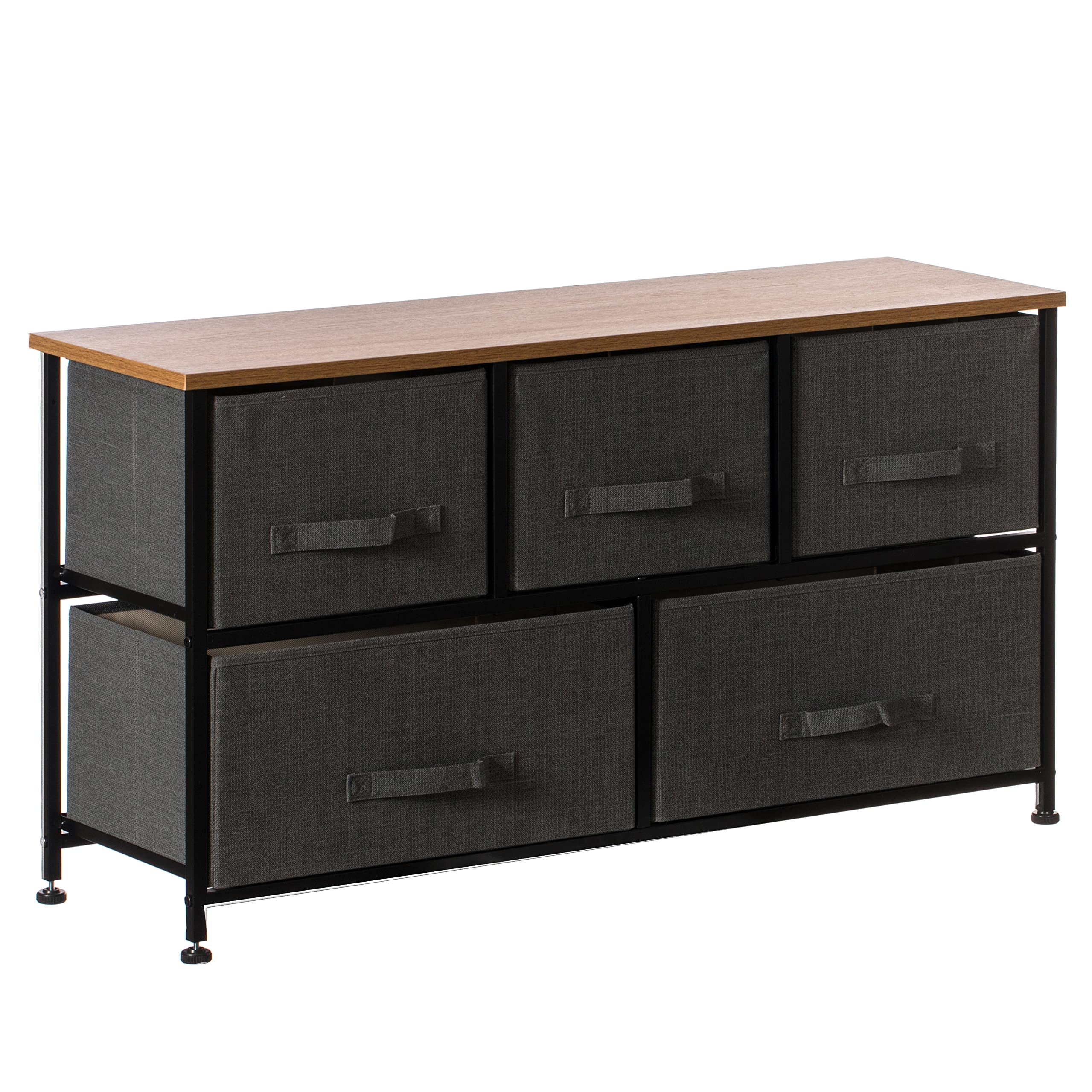 Basicwise Charcoal Gray 5-Drawer Fabric Storage Unit with Wooden Top - Organizer Tower for Bedroom, Closet & Office (2 Bin Sizes) - Perfect for Clothes, Toys & Home Organization