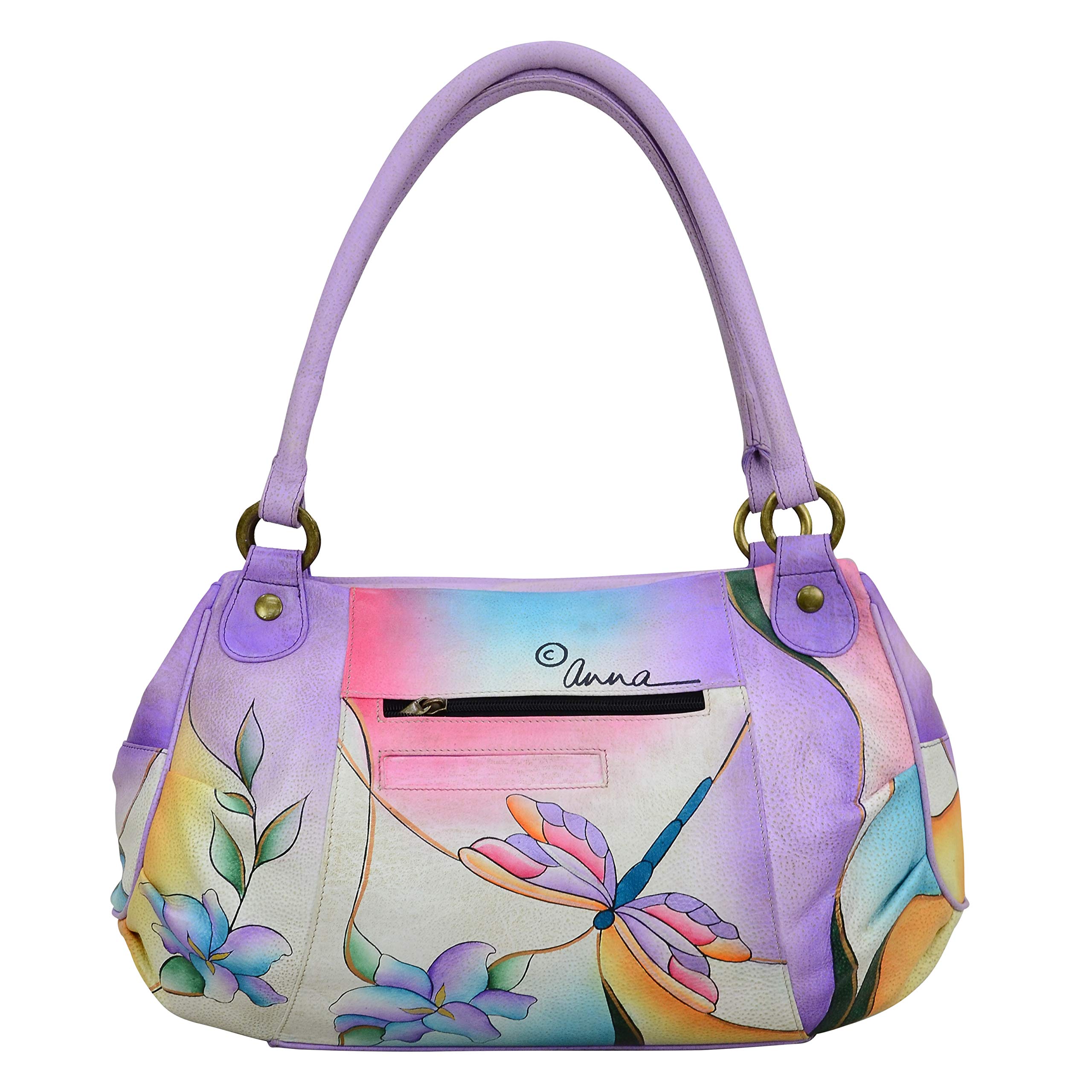 Anna by Anuschka Women's Genuine Leather Satchel Handbag with Ruched Design & Dragonfly Glass Painting - Perfect for Work, Travel and Everyday Use (One Size US)