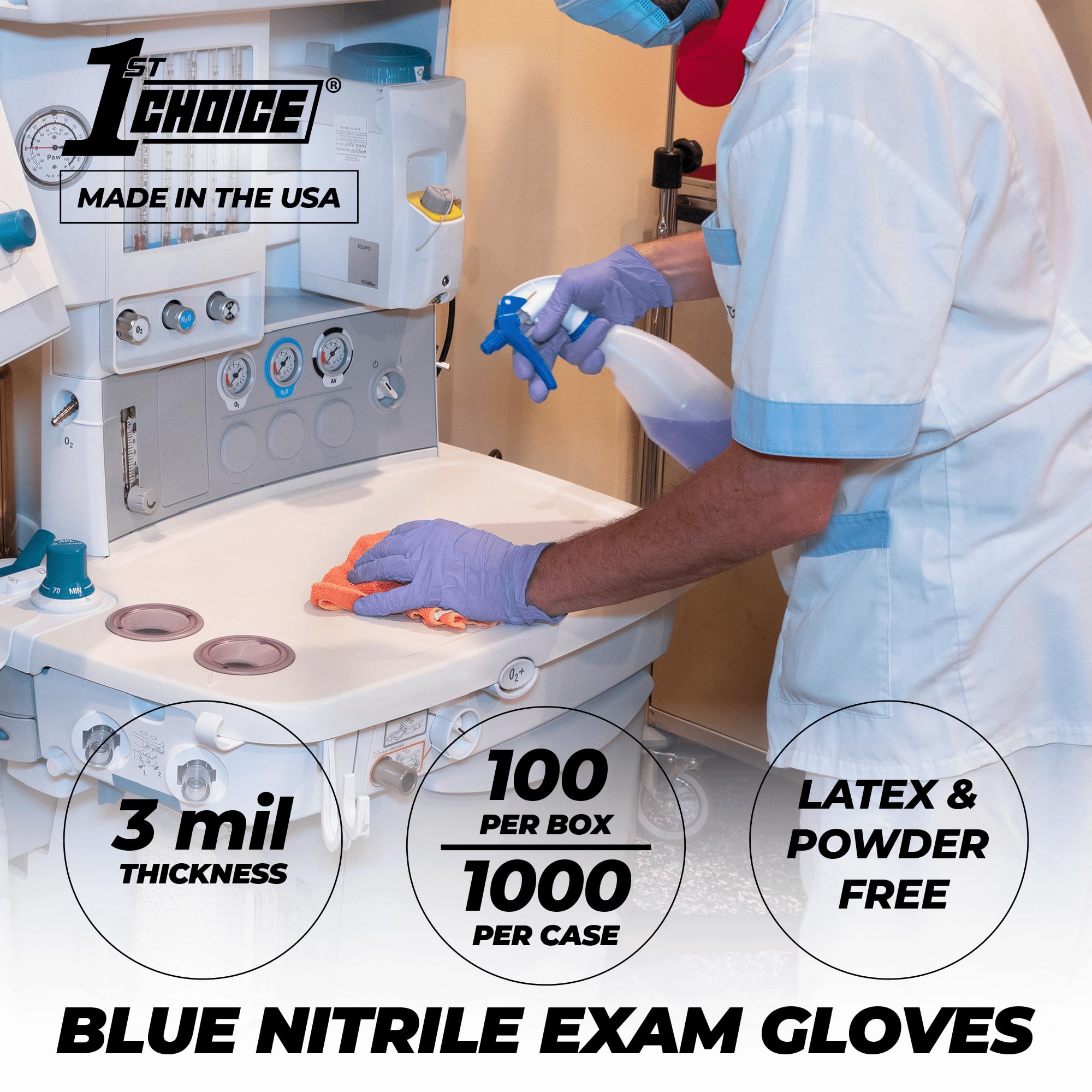 1st Choice 3 Mil Blue Indigo Nitrile Disposable Exam Gloves - TAA Compliant, Made in USA - Perfect for Medical, Dental, Laboratory & Food Handling Safety