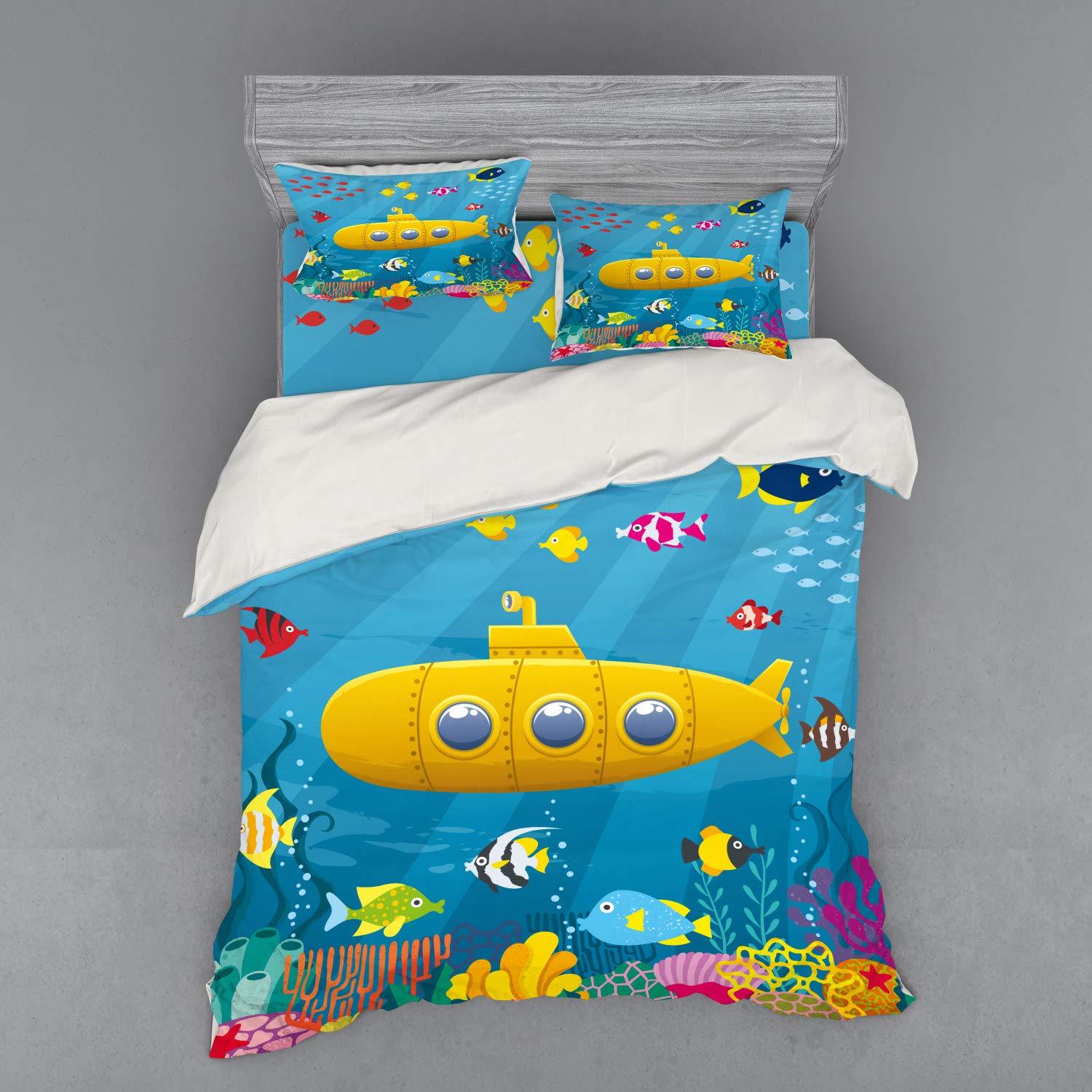 Ambesonne Yellow Submarine Duvet Cover Set - Coral Reef Ocean Life Bedding with Colorful Fish & Marine Creatures | 3-Piece Queen Size Set (Duvet Cover + 2 Pillow Shams) in Blue, Yellow & Pink | Perfect for Beach Themed Bedrooms, Kids Rooms & Nautical Decor
