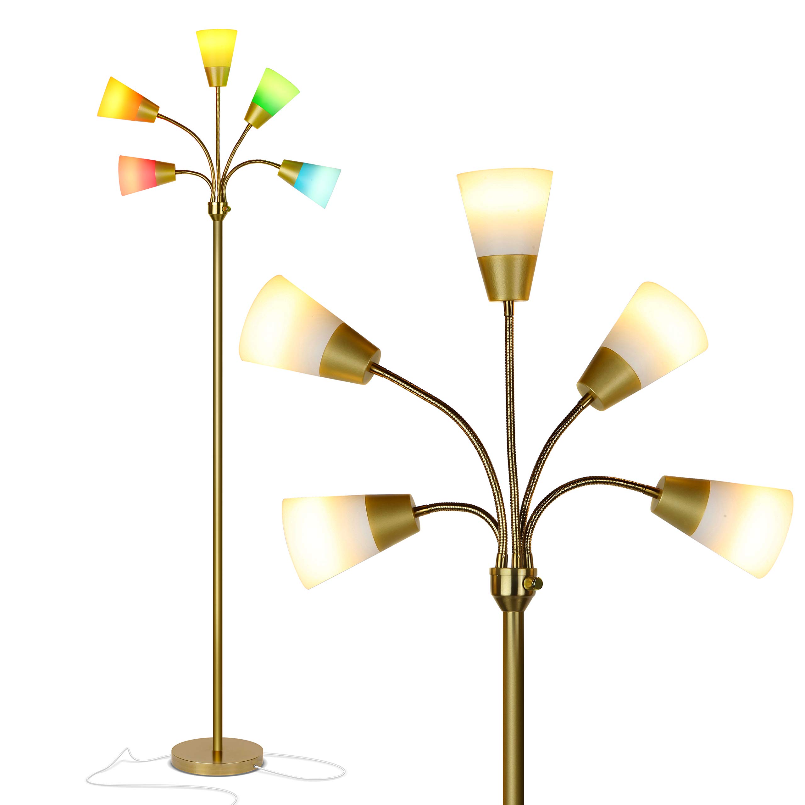 Brightech Medusa Modern LED Floor Lamp with 5 Adjustable Heads & Interchangeable Shades - Tall Standing Light for Living Room, Office, Reading & Hobbies - Energy Efficient LED Bulbs Included - Brass Finish for Home Decor