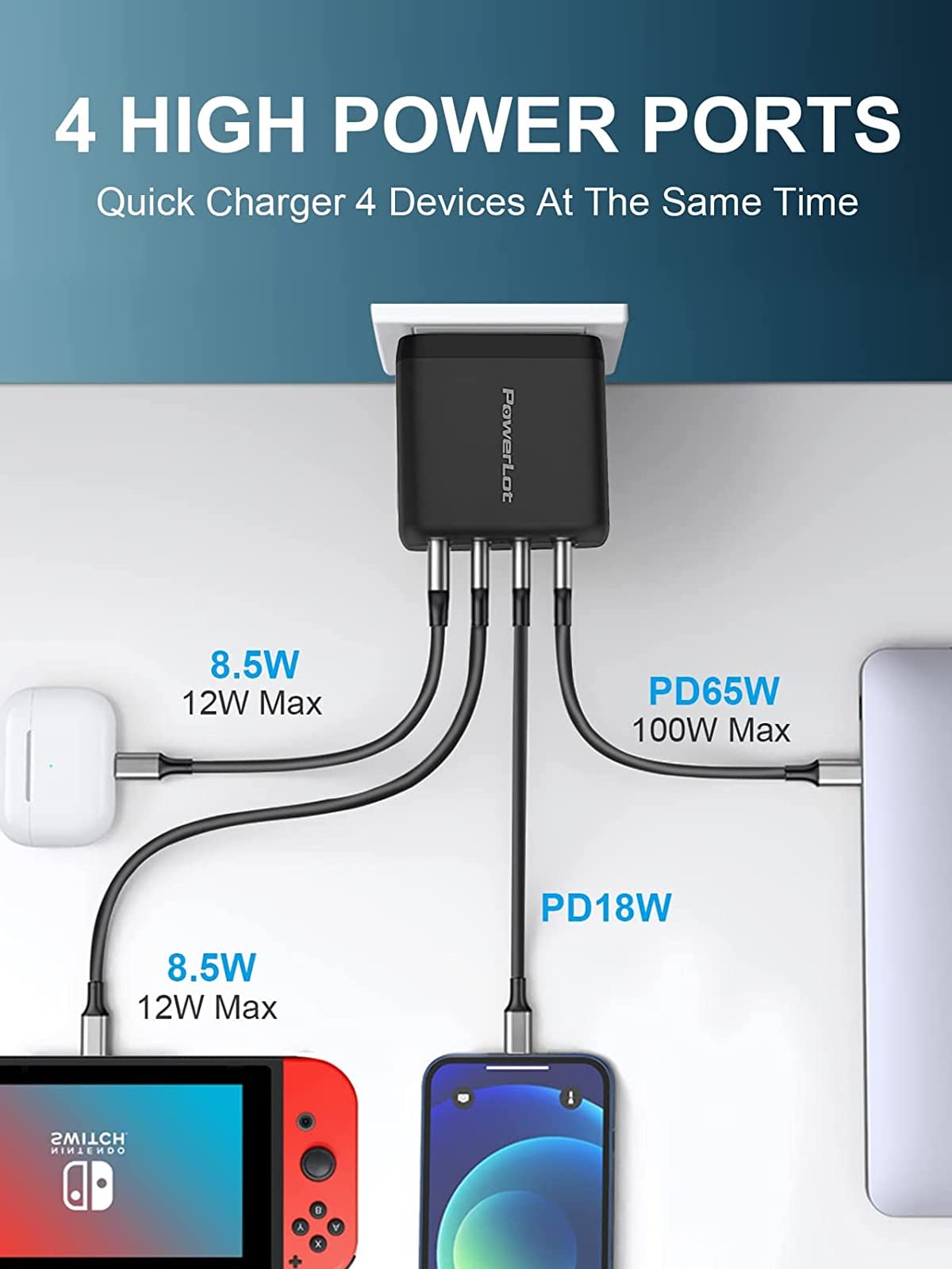 100W USB C Wall Charger, 4-Port GaN Fast Charger for MacBook Pro/Air, iPad, Dell XPS, HP Laptops, iPhone 14/13 & Samsung Galaxy - Compact Power Adapter for Home, Office & Travel