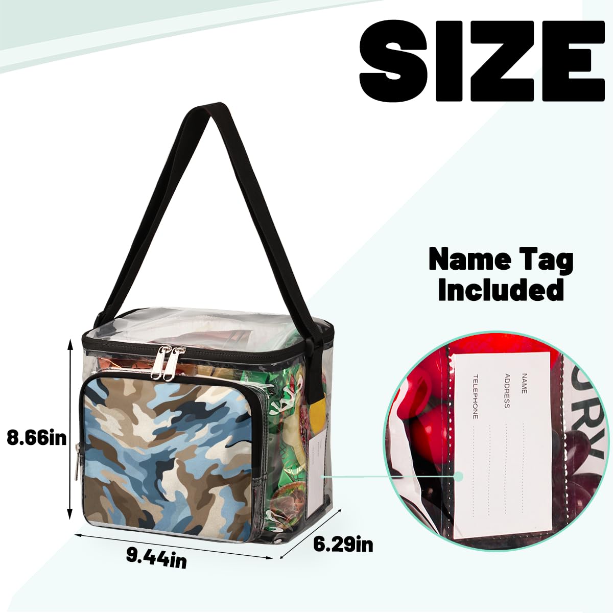 GzLeyigou Camouflage Pattern Transparent Tote Bag with Handles - Blue White Clear Crossbody Shoulder Bag for Lunch, Outdoor, Travel, Picnic, Concerts & Sports Events | Stadium Approved Waterproof Multipurpose Carryall (Perfect for Beach, Shopping, Gym & Daily Commute)