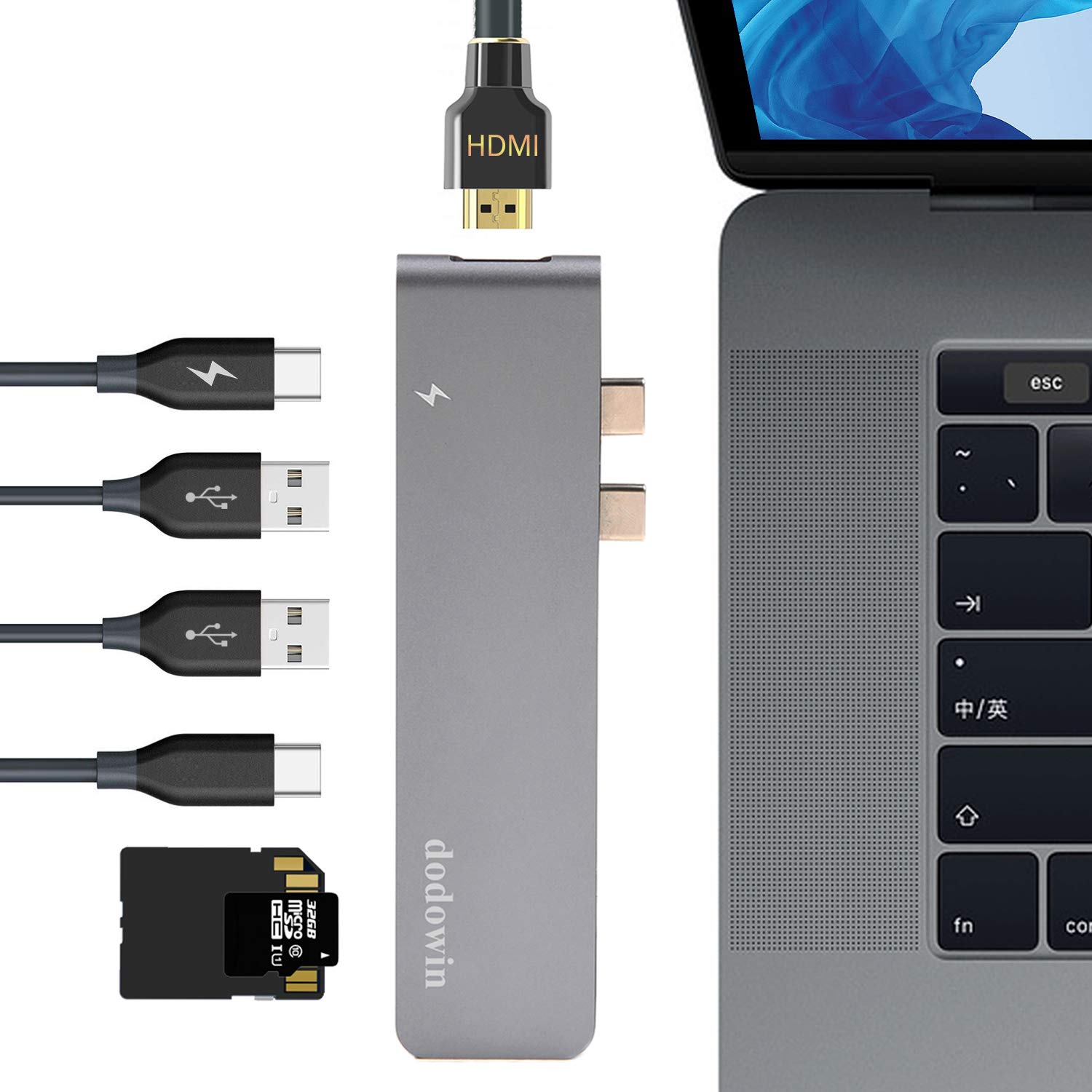Dodowin 7-in-1 USB C Hub for MacBook Pro/Air - Thunderbolt 3 Adapter with 4K HDMI, 2 USB 3.0 Ports, SD/TF Card Reader - Compatible with MacBook Pro 2016-2020 13/15/16 inch & MacBook Air 2018-2020 - Perfect for Office Work, Video Editing & Multi-Screen Setup