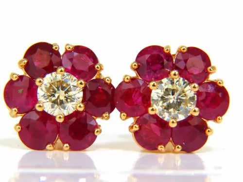 Natural Ruby Diamond Cluster Earrings 14K Gold - Elegant Floral Design for Women, Perfect for Weddings, Parties & Special Occasions