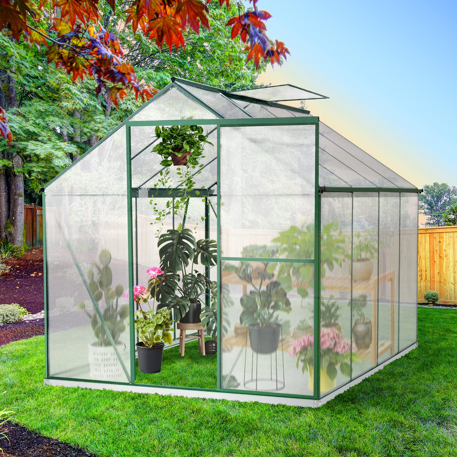 JULY'S SONG 6ft x 8ft Polycarbonate Greenhouse Kit with Sliding Door & Window Gutter | Heavy Duty Hobby Greenhouse for Backyard Gardening | Perfect for Winter Plant Protection & Year-Round Outdoor Use