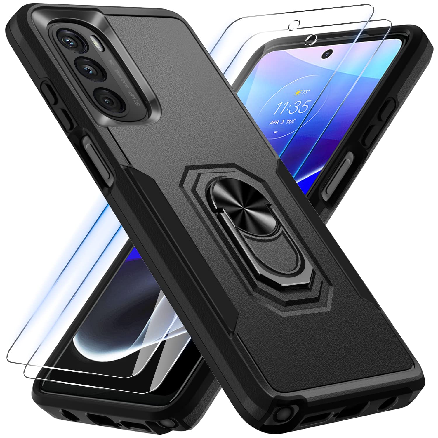 Janmitta Shockproof Case for Moto G Stylus 5G 2022 - Heavy Duty Full Body Protection with Built-in Screen Protector & Metal Ring Holder Kickstand (Black Matte) - Perfect for Outdoor Activities, Work, and Daily Use