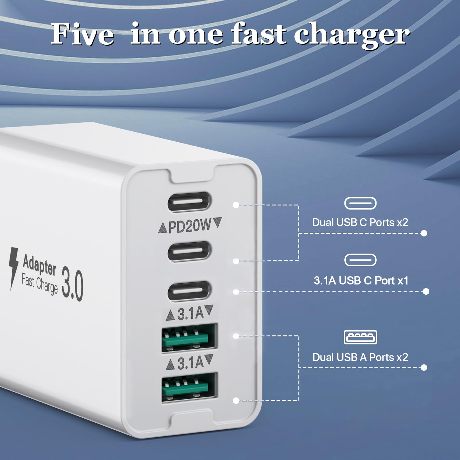 50W 5-Port USB C Wall Charger Fast Charging Block - 3 USB C + 2 QC Ports - PD Fast Charger for iPhone 12/13/14/15, Samsung S23/S22/S21, Tablets - Perfect for Home, Office & Travel Charging Multiple Devices Simultaneously