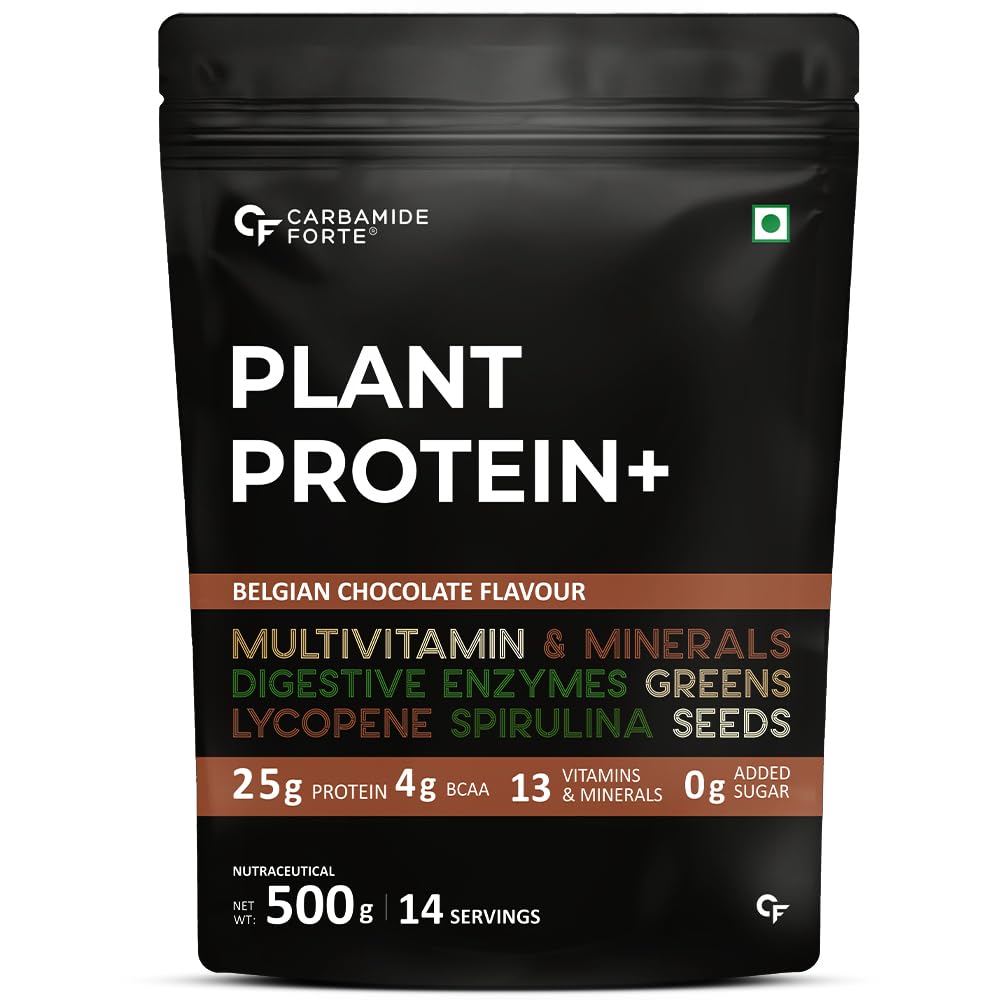 Carbamide Forte Plant Protein Powder - Vegan Protein Powder with Multivitamins, Minerals, Superfoods, Pea Protein & Digestive Enzymes | Belgian Chocolate Flavor (500g) for Muscle Recovery & Healthy Lifestyle