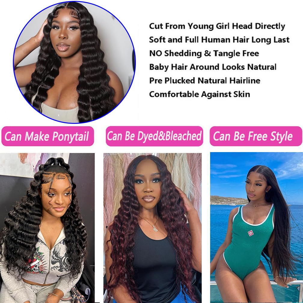 Brazilian Deep Wave Human Hair Bundles with 4x4 Lace Closure | 16 18 20 +14 Inch | Unprocessed Wet & Wavy Hair Extensions | Natural Black | Free Part | Perfect for Protective Styles, Weaves & Everyday Glam