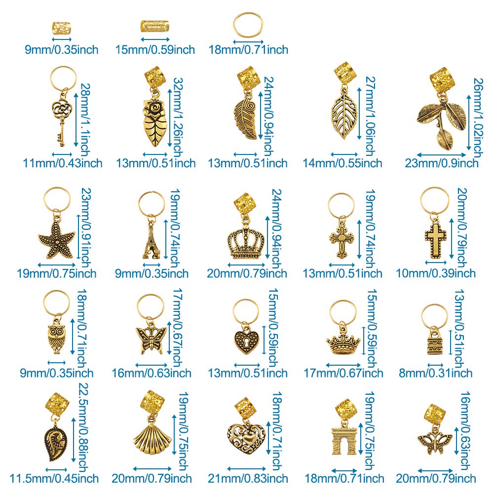 Craftdady 110Pcs Gold Metal Hair Jewelry Rings - Decorative Pendants, Coil Cuffs & Dreadlock Accessories with Leaf, Star, Butterfly, Heart, Key, Owl, Cross & Crown Charms - Perfect for Boho Hairstyles, Festivals & DIY Hair Styling