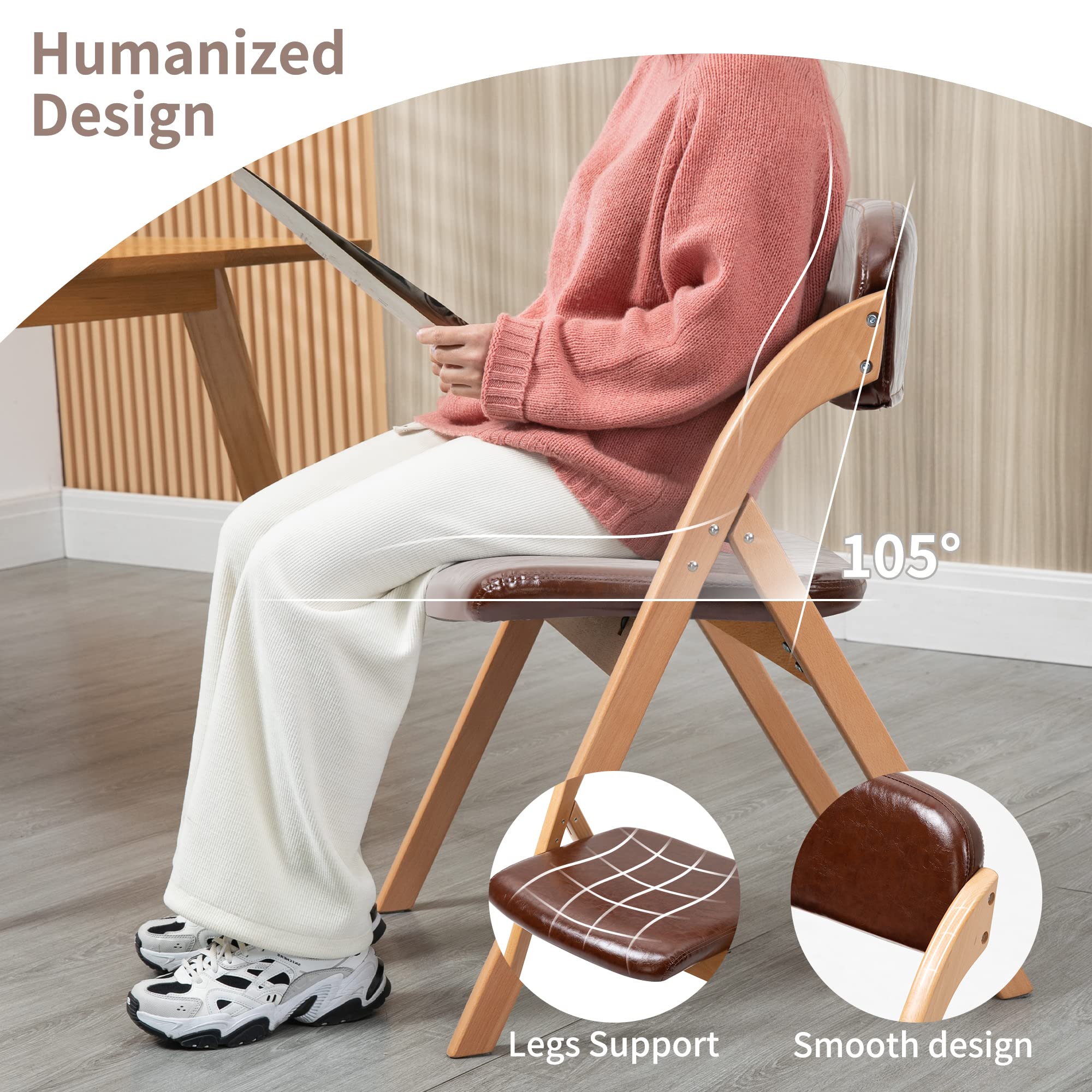 HOMEFUN PU Folding Chairs with Padded Seats - Set of 2 Wooden Stackable Dining Chairs for Kitchen, Office, Wedding & Guest Use - Easy to Assemble Space-Saving Furniture for Home & Events