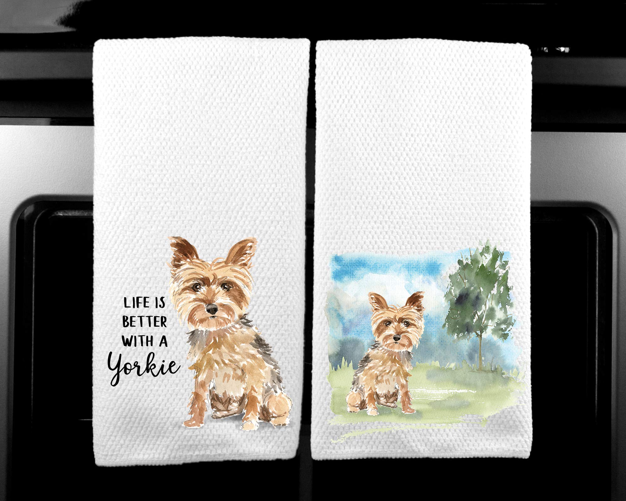 Yorkie & Yorkshire Terrier Dog Lovers Gift - Set of 2 Microfiber Kitchen Tea Towels with Landscape Watercolor Design - Perfect for Cooking, Baking, Dish Drying & Home Decor