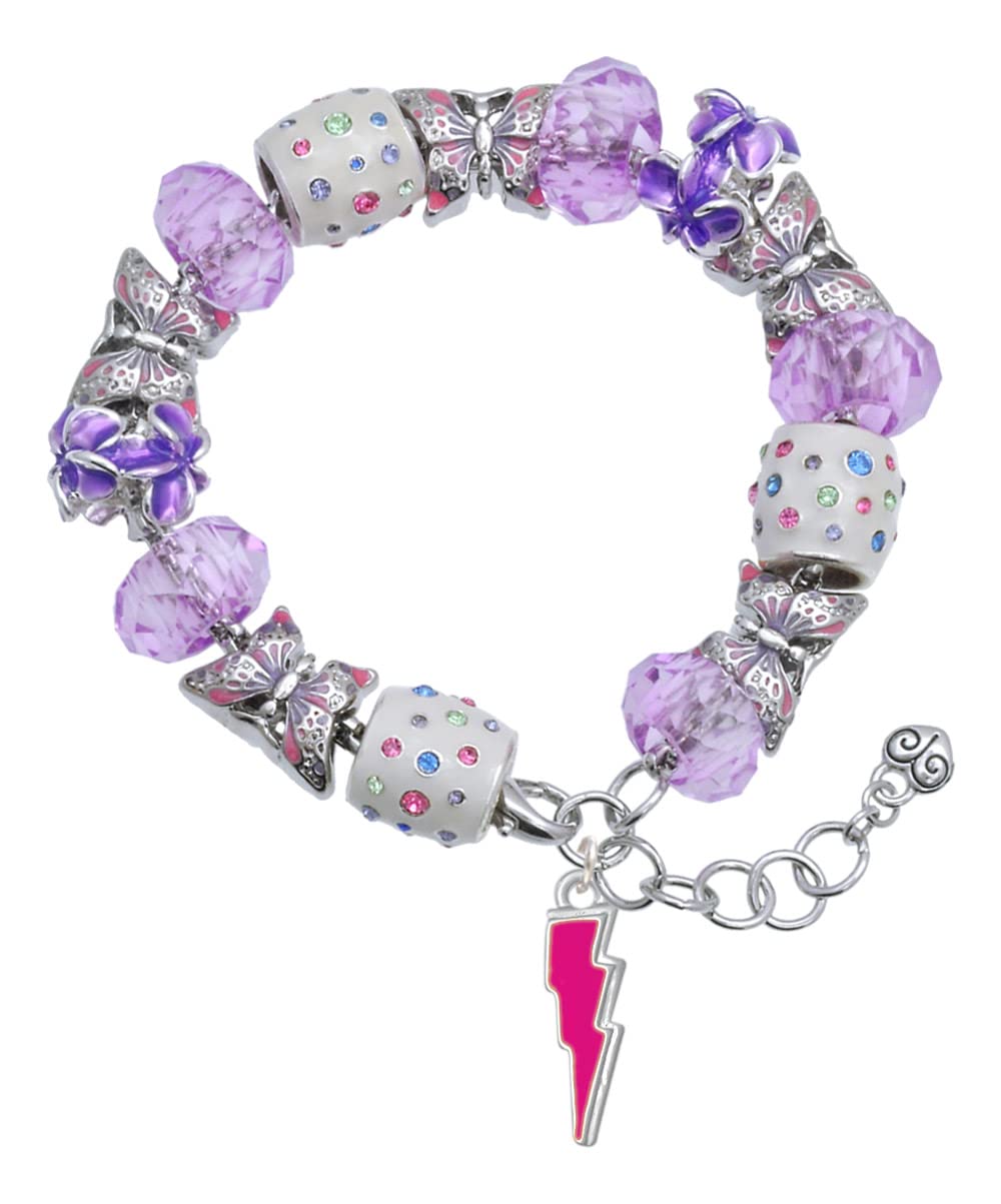 Delight Jewelry Silvertone Enamel Lightning Bolt Purple Butterfly Bead Charm Bracelet - Adjustable 7