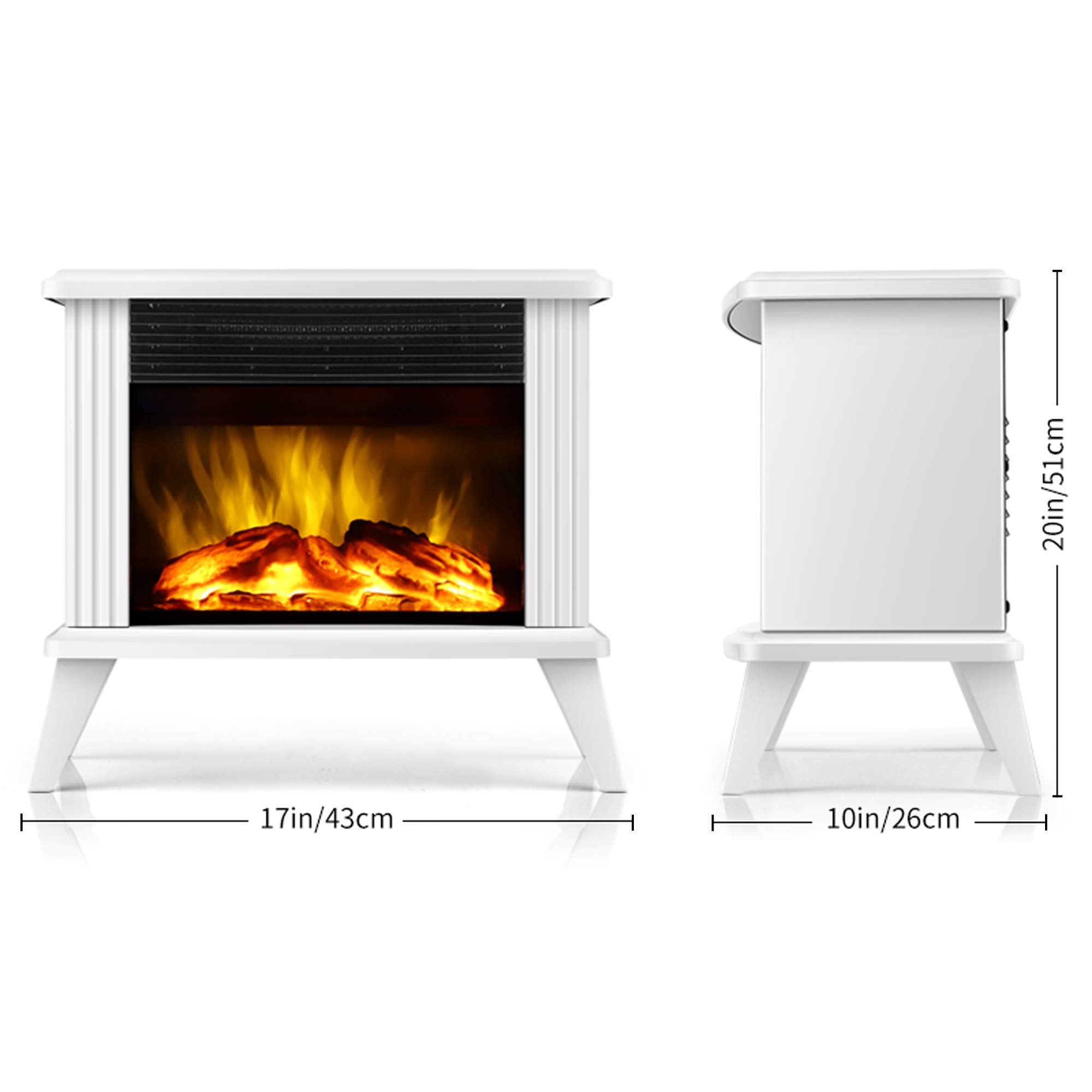 DONYER POWER Mini Electric Fireplace Heater - 14.8 Inch Portable Tabletop Heater with Realistic Flame Effect, White Metal Design - Perfect for Bedroom, Office, and Small Space Heating