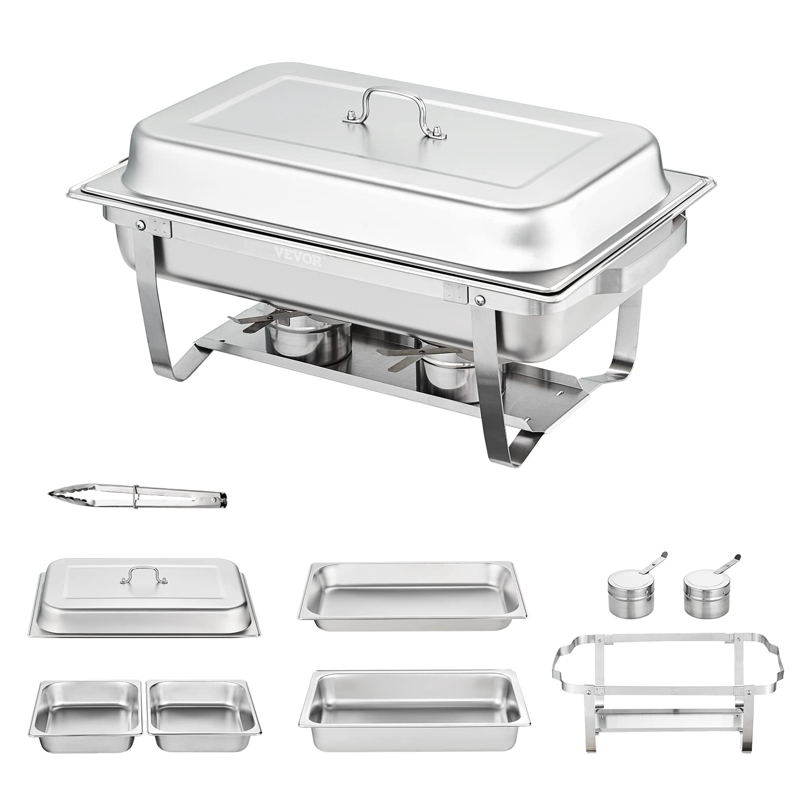 Stainless Steel 8 Qt Chafing Dish Buffet Set (2 Pack) - Includes 2 Full & 4 Half Size Pans, Rectangle Catering Warmer with Lid, Water Pan, Folding Stand, Fuel Tray & Holder Clip - Perfect for Buffets, Catering Events & Party Food Serving