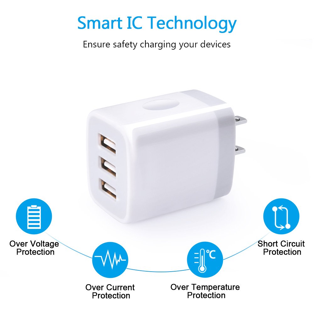Hootek 2-Pack 3-Port USB Wall Charger - 3.1A Fast Charging Power Adapter for iPhone 16/15/14/13/12/11/Pro/XS/MAX/8/Plus, iPad, Samsung Galaxy S24/S23 - Compact Multi-Port Charging Station for Home, Office & Travel
