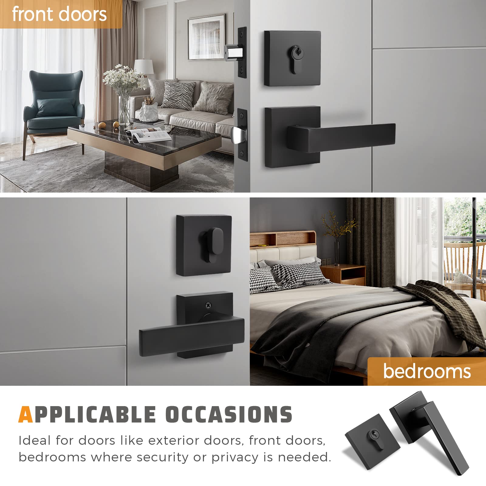 KNOBWELL 6-Pack Heavy Duty Square Entry Door Handle Set with Single Keyed Deadbolt - Matte Black Front Door Lever & Lock Set for Home Security (Ideal for Entrance, Front Door & Commercial Use)