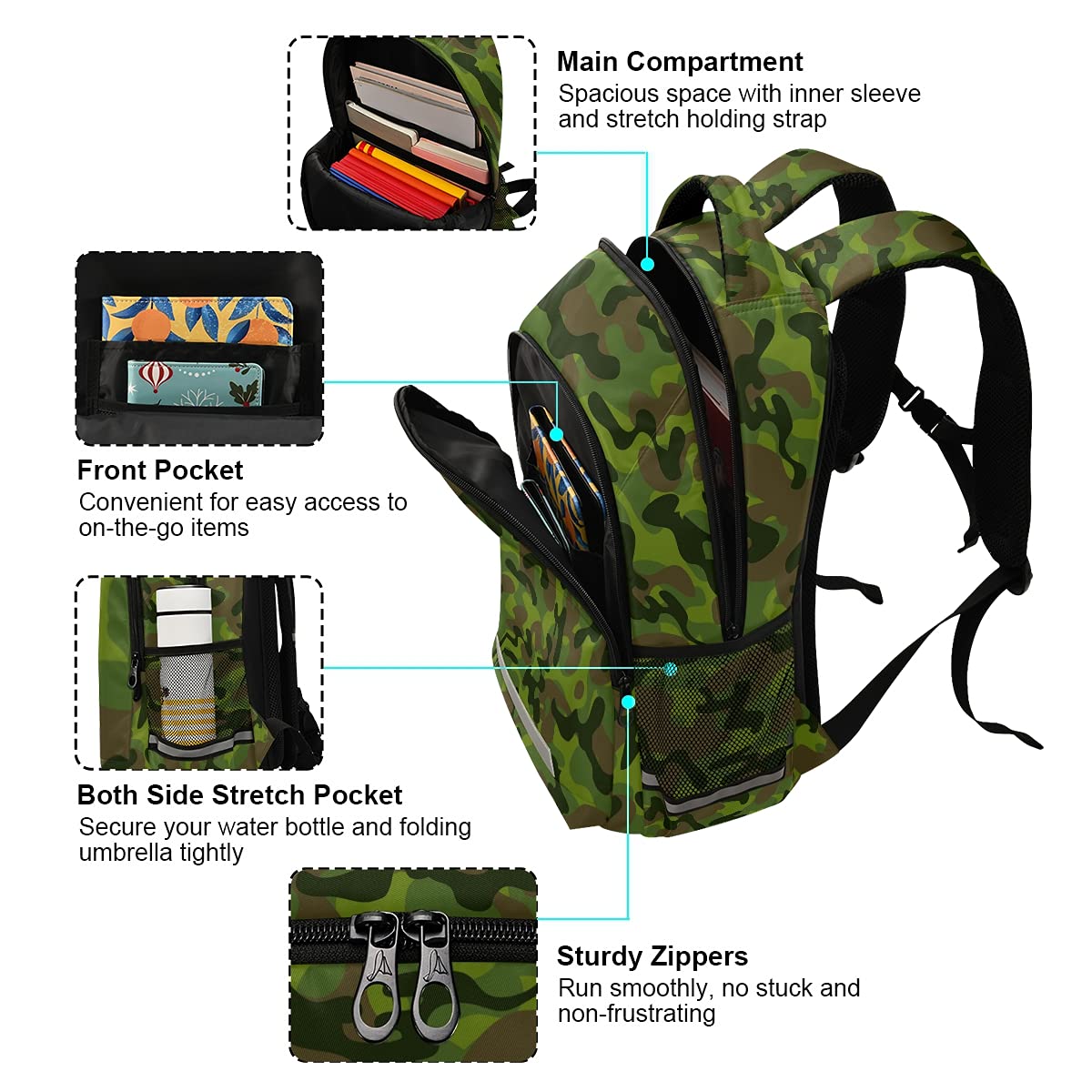 **MNSRUU Camouflage Green Laptop Backpack with Chest Strap - Durable School, Travel & Hiking Backpack for Boys & Girls - Perfect for College, Work & Outdoor Adventures**