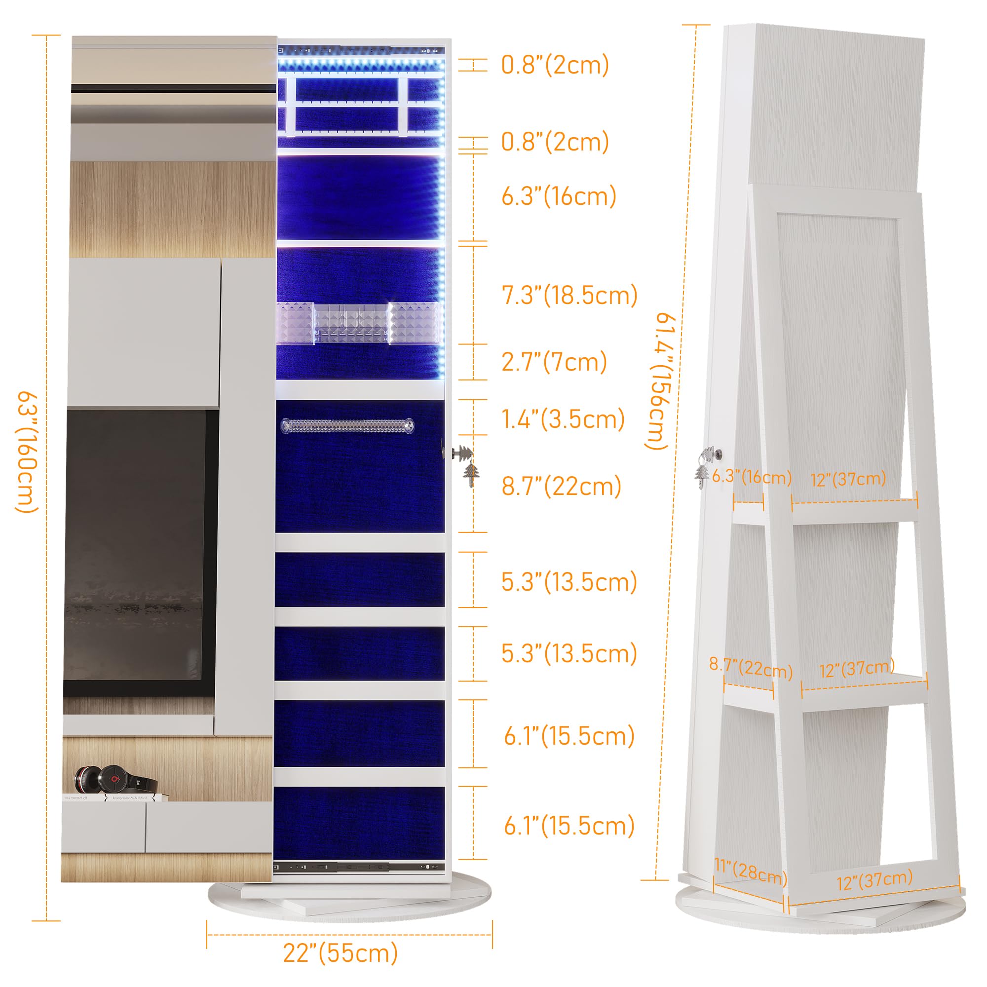 360° Swivel Jewelry Mirror Cabinet with LED Lights - 63