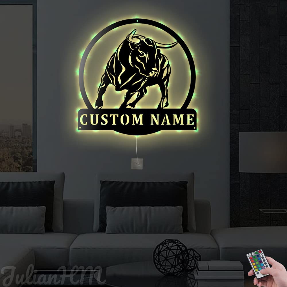 Custom Bull Metal Wall Decor with LED Lights - Personalized Ranch Sign for Home & Bar Decor (24x24 Inches) - Perfect for Western Themed Rooms, Man Caves & Cowboy Gifts