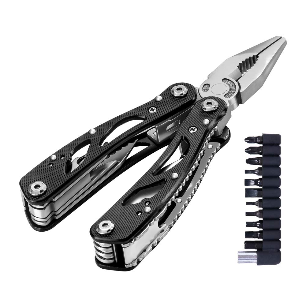 Poeland 10-Piece Stainless Steel Multitool Pliers Set with 11 Screwdriver Bits - Perfect for Home Repairs, DIY Projects & Emergency Tool Kits | Black