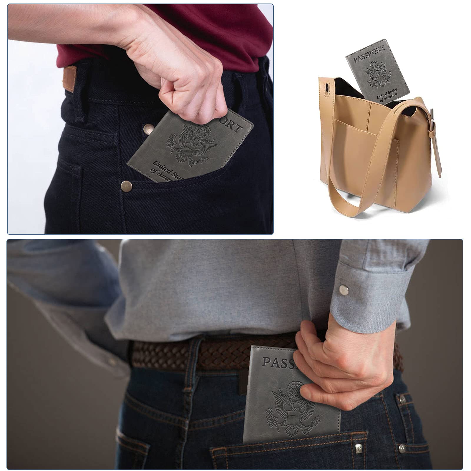 RFID Blocking Leather Passport Holder for Travel - Dark Gray
