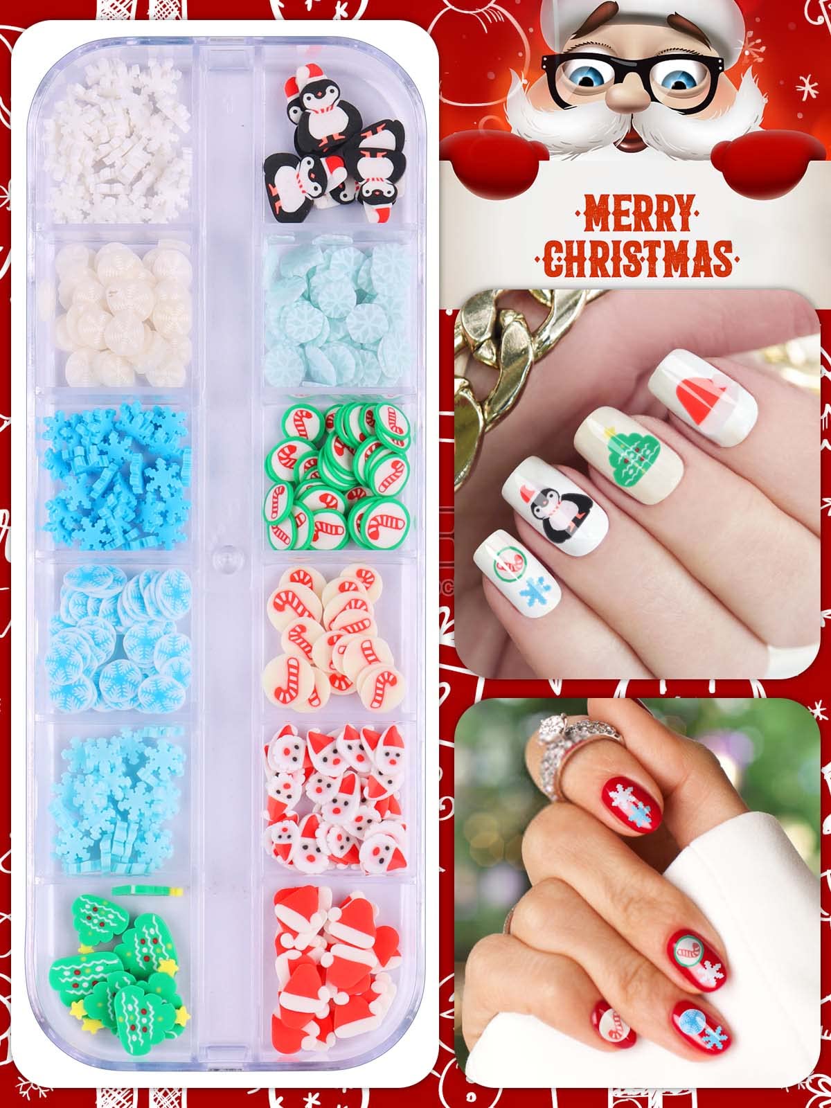 24 Grids Christmas Nail Art Slices - 3D Polymer Nail Flakes with Snowflake, Santa & Penguin Designs for DIY Nail Decor | Cute Glitter Nail Charms for Women & Girls | Perfect for Holiday Nail Art, Face & Body Crafting (2 Box Set)